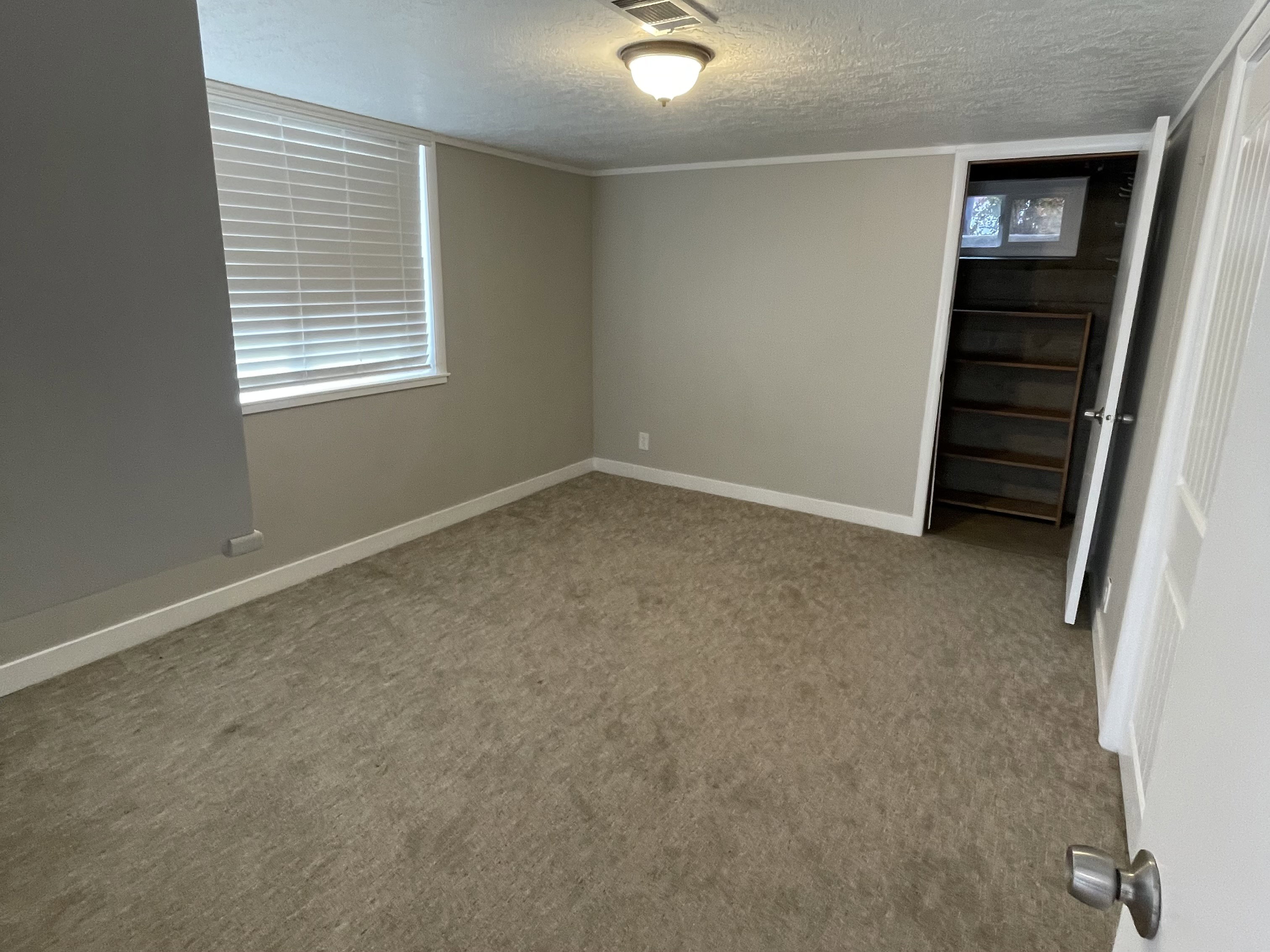 Carpeted room with neutral wall tones and white baseboards