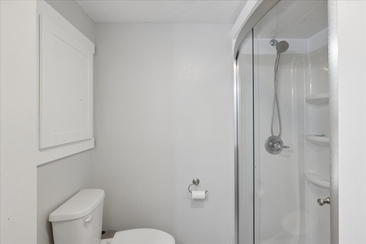 Compact bathroom featuring a white toilet, an enclosed shower with a curved glass door, and a wall-mounted storage cabinet