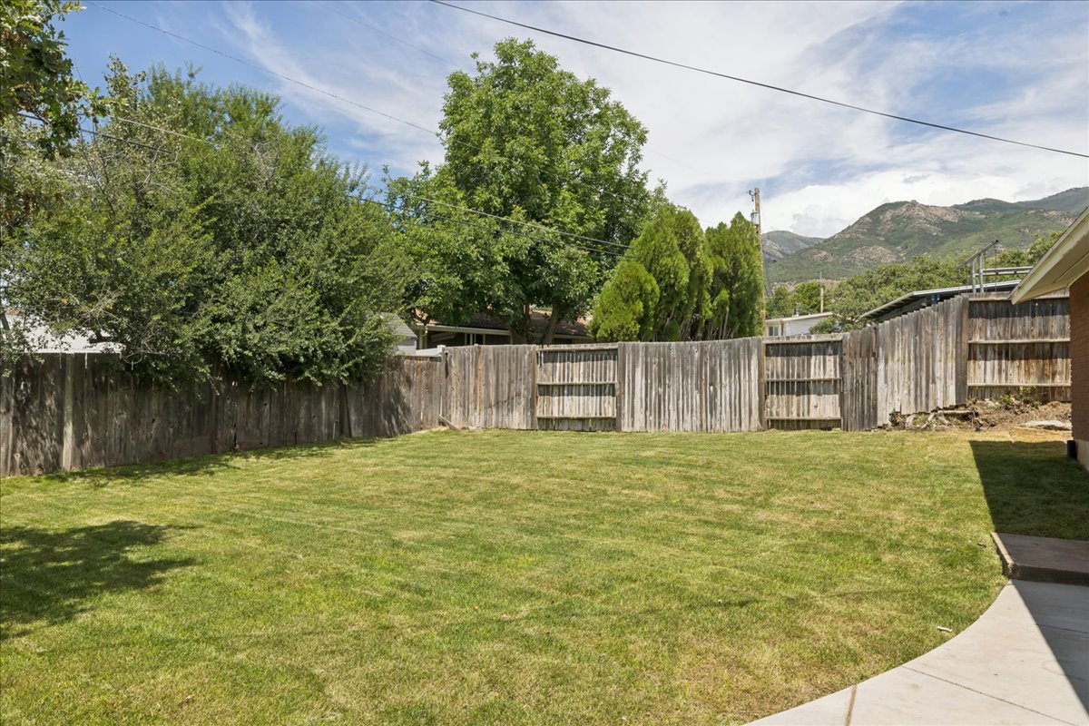 Expansive backyard featuring a lush lawn, wood panel fencing, mature trees, a curved concrete patio section, and distant mountain scenery