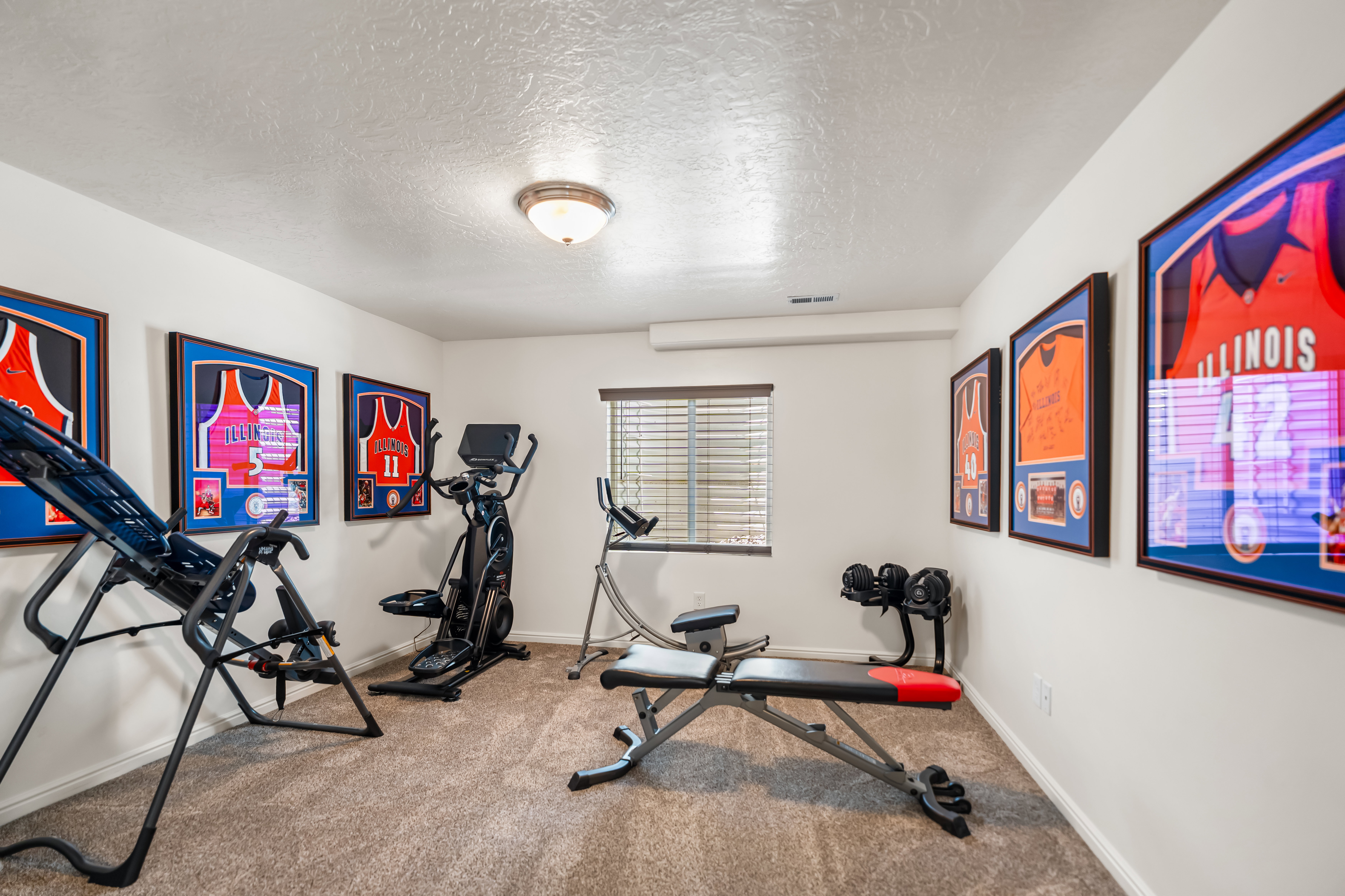Versatile room featuring light-colored walls, carpet flooring, a single window with blinds, a ceiling-mounted light fixture, and crown molding details