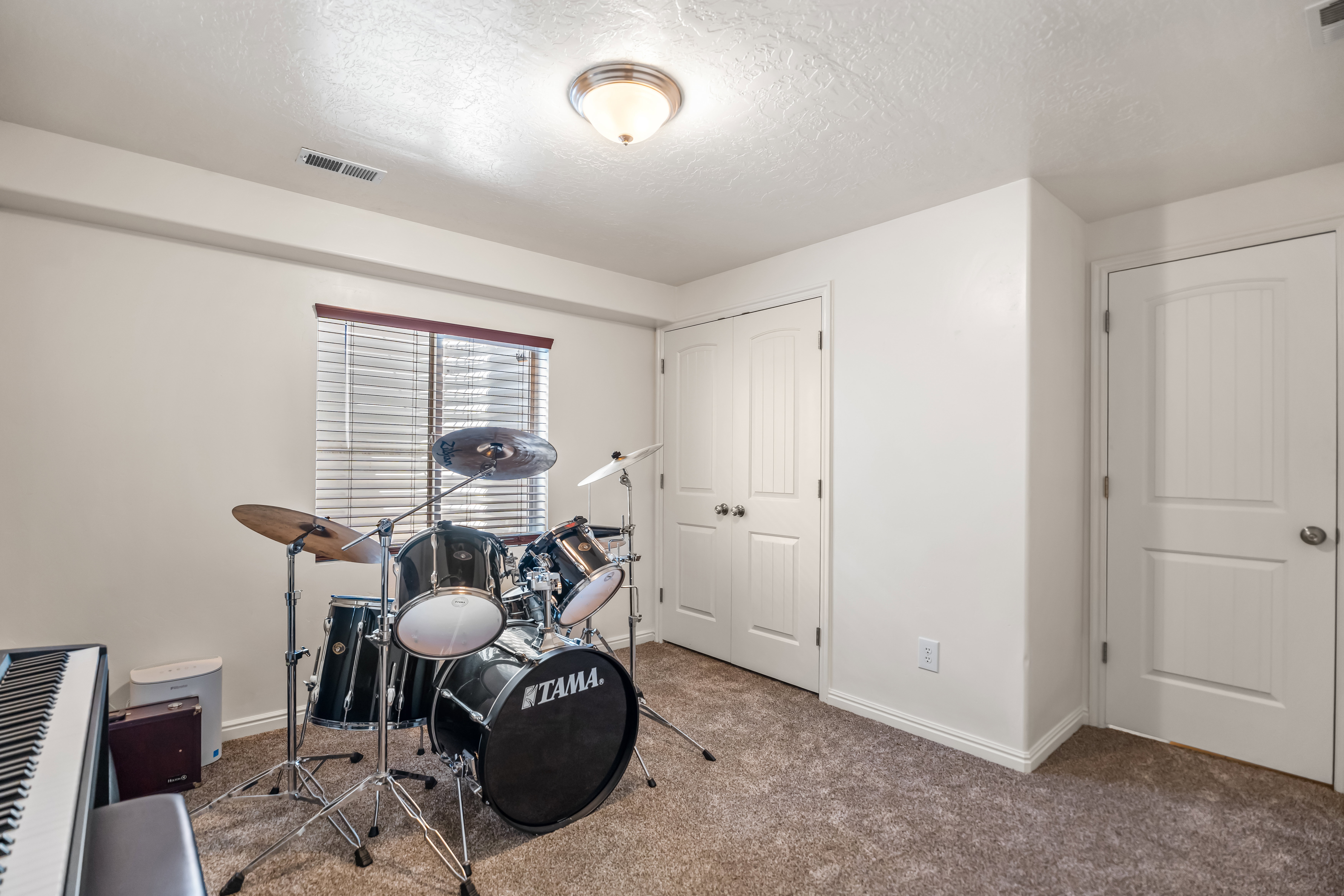 Carpeted room with a ceiling-mounted light fixture, a window featuring horizontal blinds and a dark valance, and two white doors