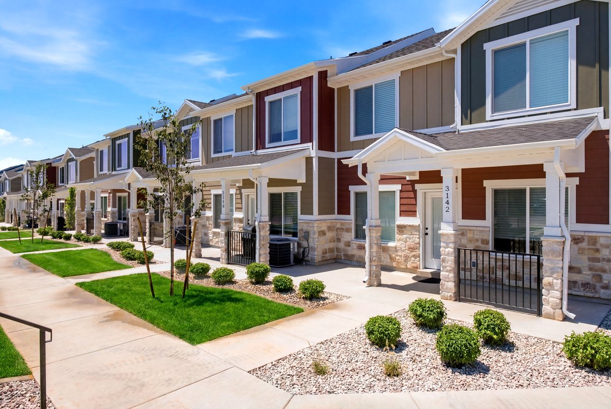 Modern townhome exteriors featuring varied siding colors, stone veneer accents, individual covered entryways, and manicured green spaces