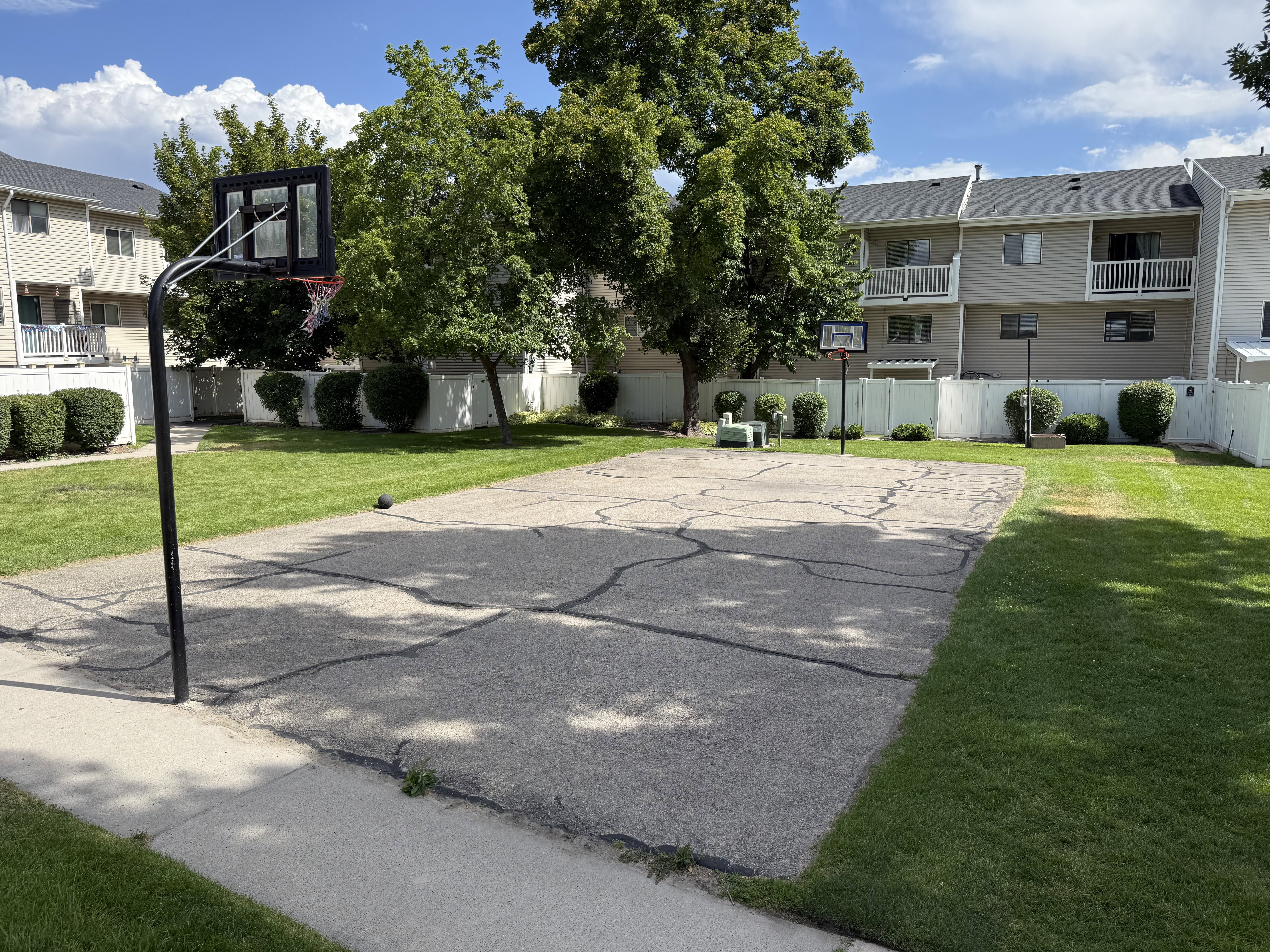 Paved recreational court featuring two basketball hoops, surrounded by green lawns and mature trees