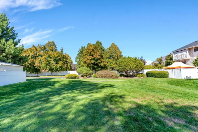 Expansive green space featuring mature trees and established landscaping