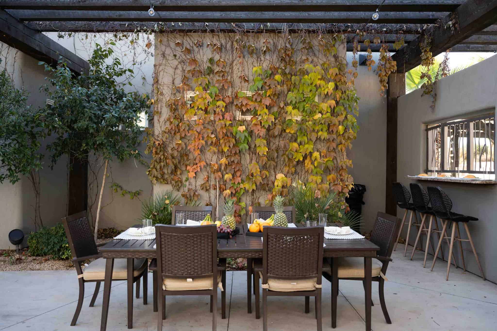 Private patio with a wood pergola, integrated bar seating, and a built-in pass-through window
