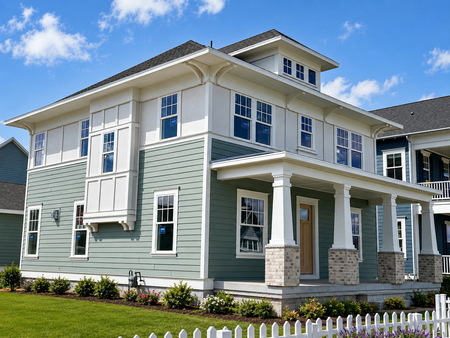Craftsman-style home featuring a covered front porch with stone-clad columns, a dormer window, and a light-colored wooden entry door