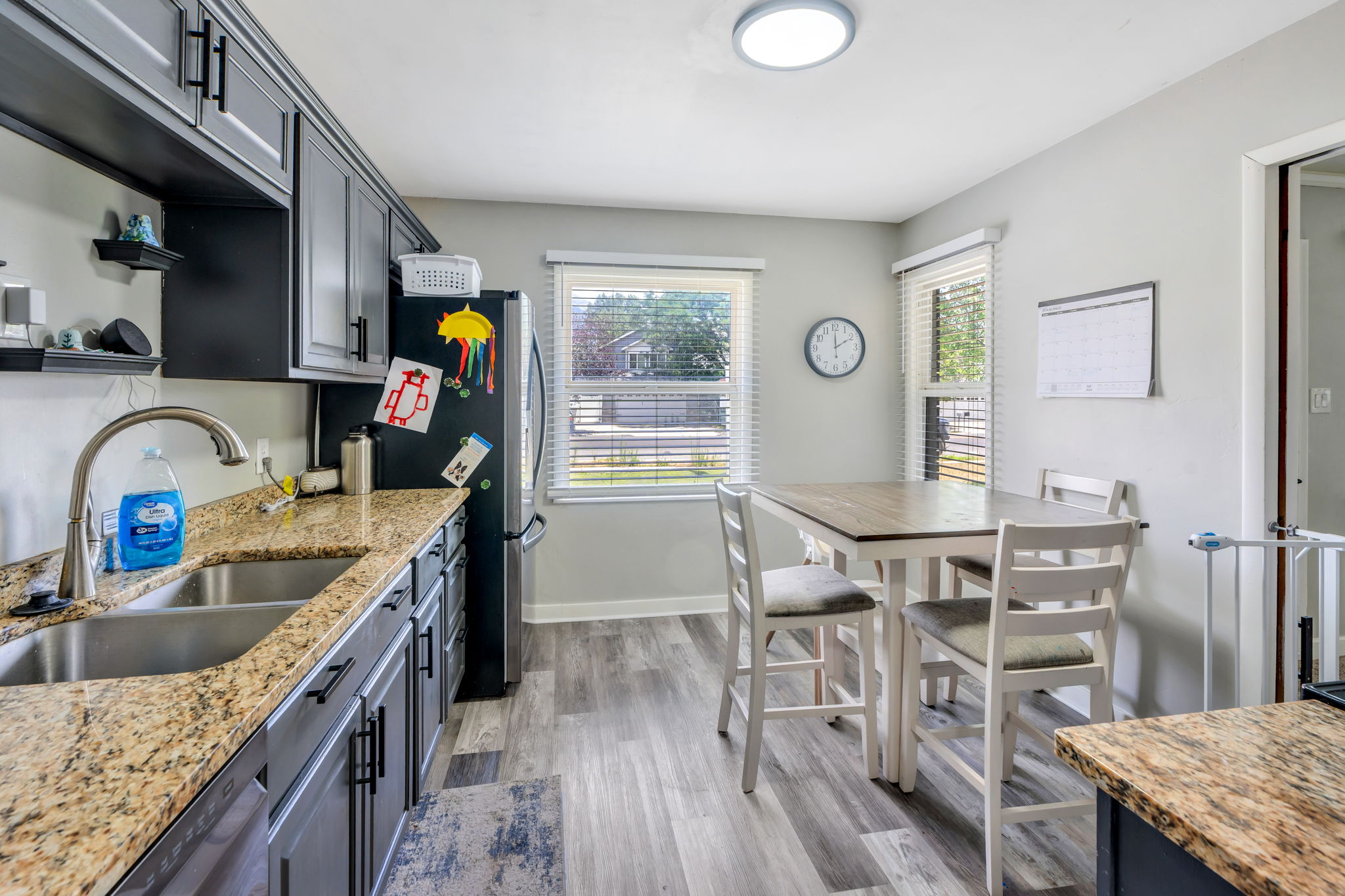 Kitchen featuring wood-finish flooring, dark cabinetry with bar pull hardware, granite countertops, and dual basin stainless steel sink