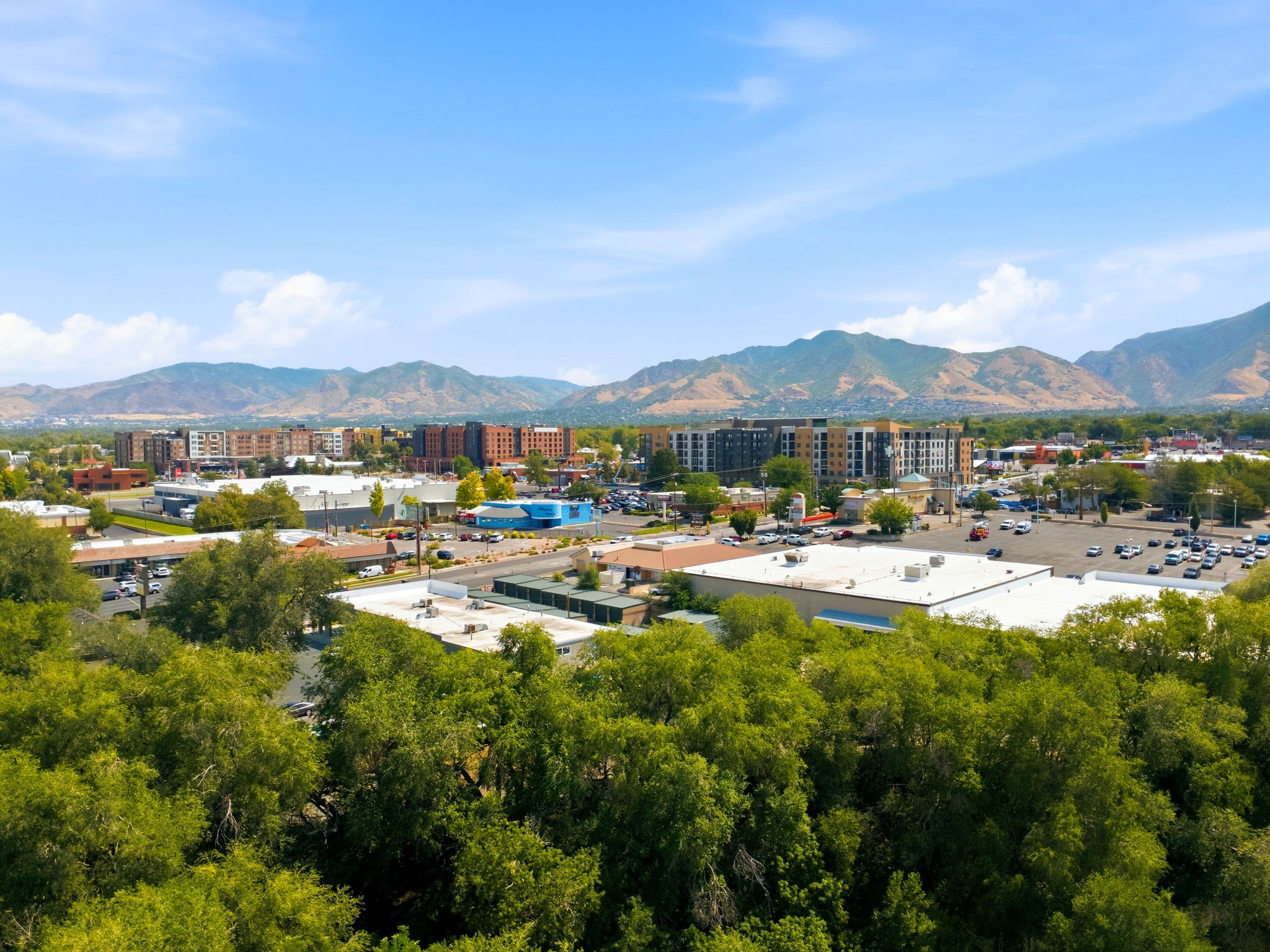 Aerial perspective showcasing urban development with a mountain backdrop