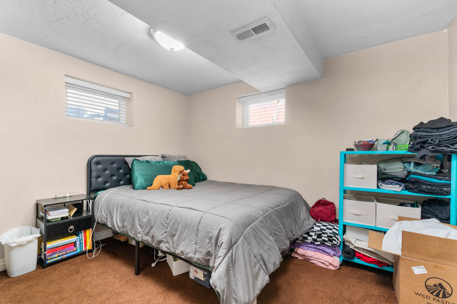 Bedroom featuring light neutral wall paint, brown carpet flooring, and two high-set windows