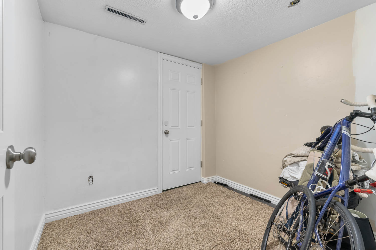 Carpeted room featuring a ceiling-mounted light fixture, white trim, and a white paneled door