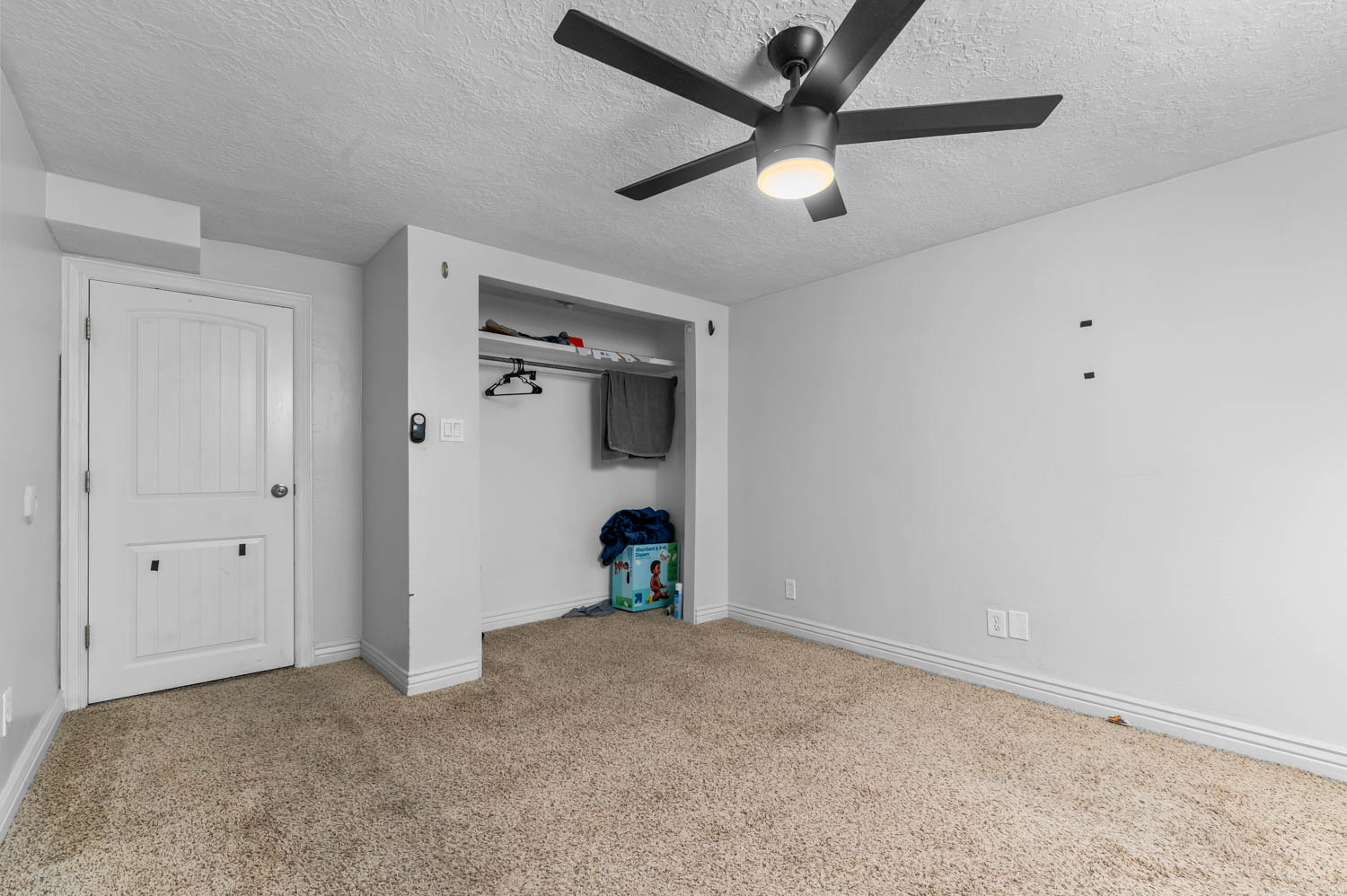 Room with textured carpet flooring, a white paneled door, and an open closet