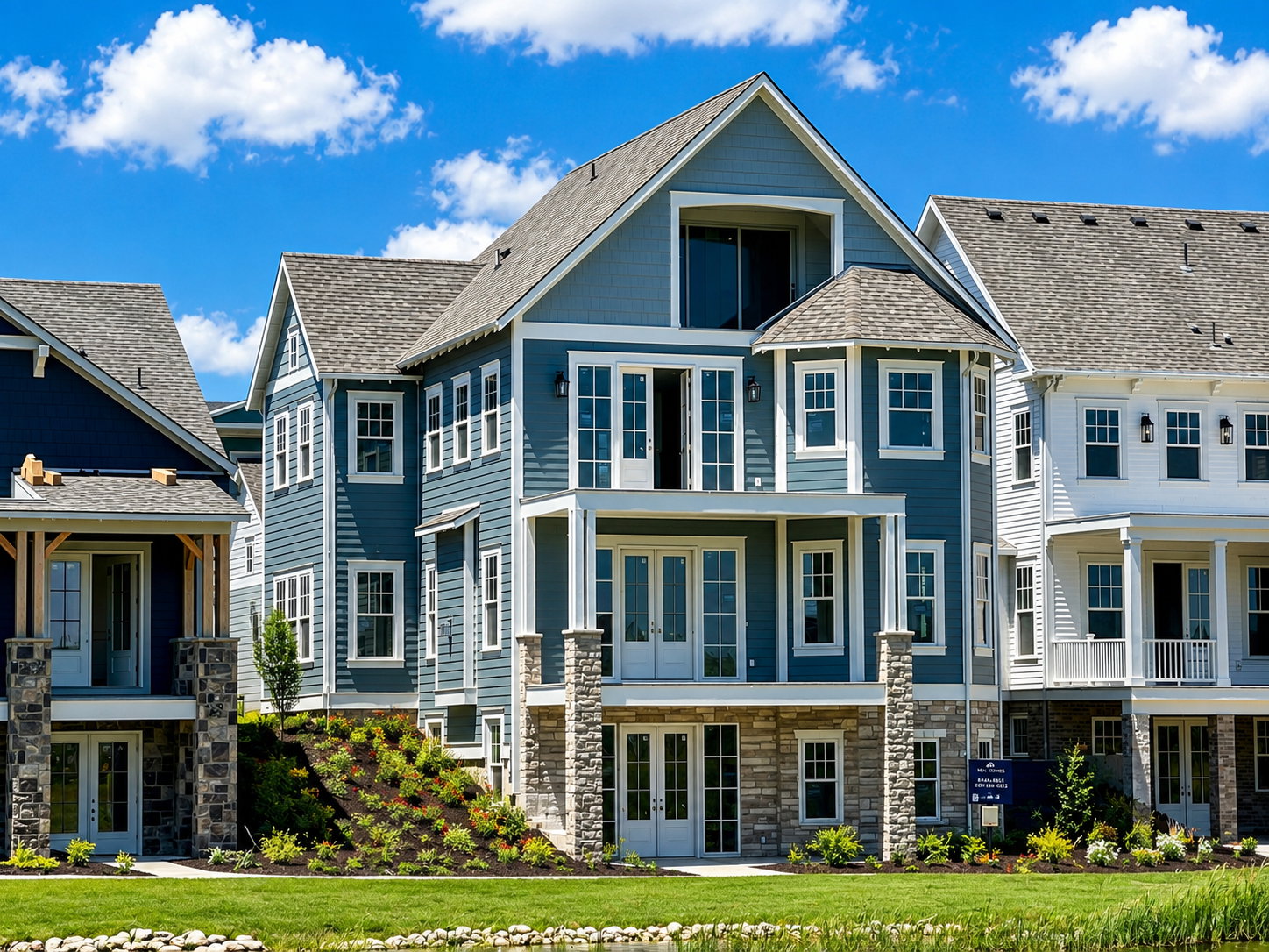 Multi-story residence featuring blue siding, white trim, and a stone foundation