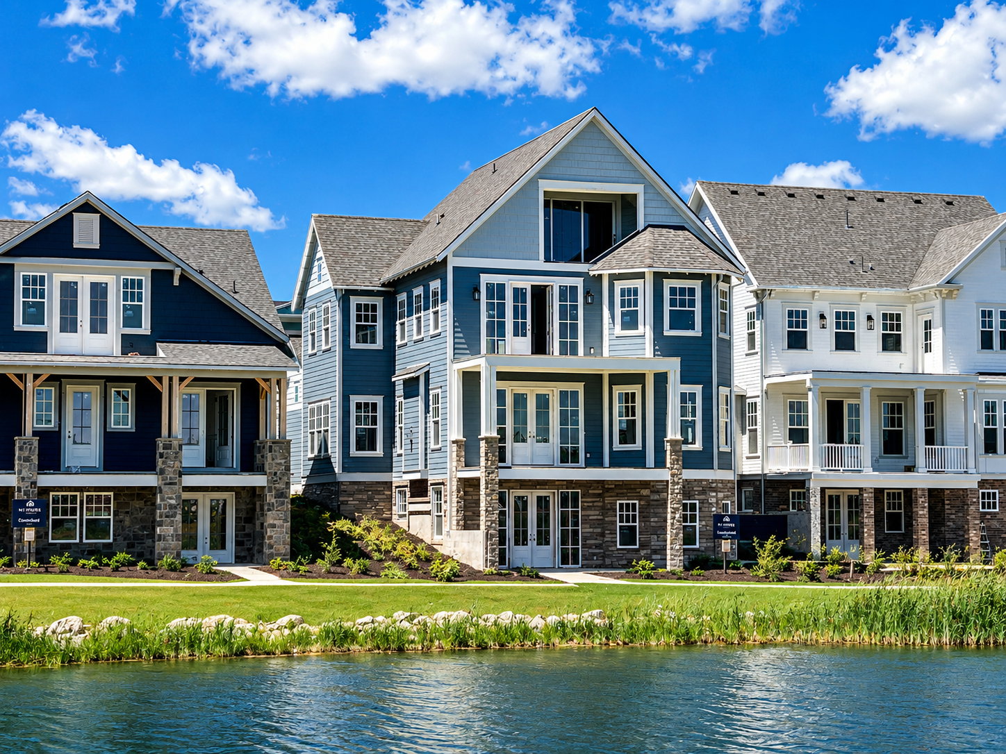 Three-story residential building featuring blue siding, white trim, and stone accents