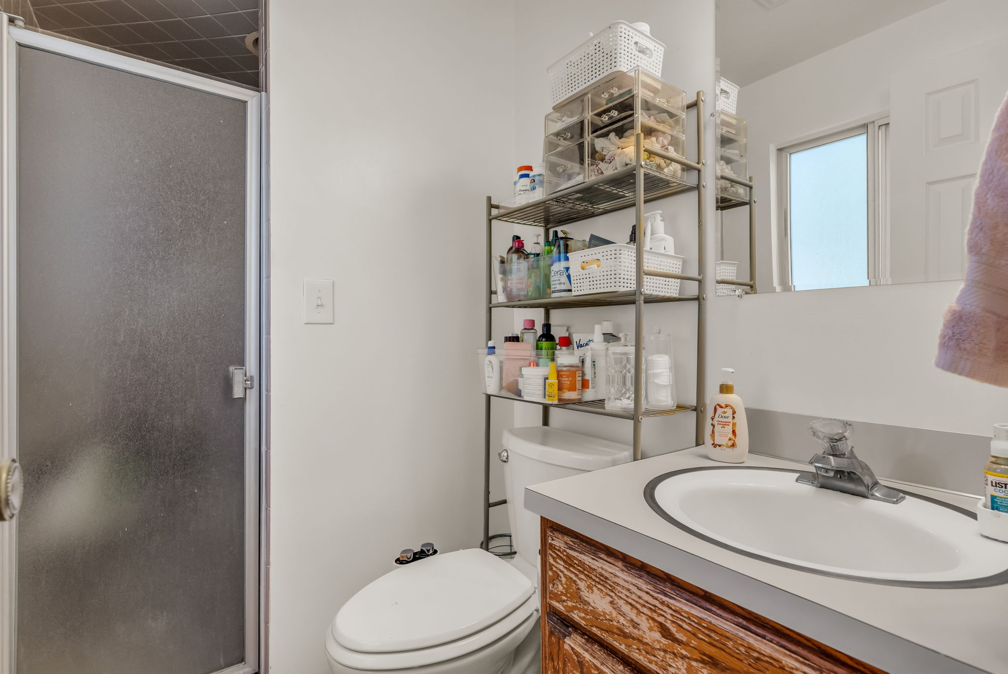 Frosted glass shower enclosure, single vanity with integrated sink, wood-finish cabinetry, and neutral wall paint