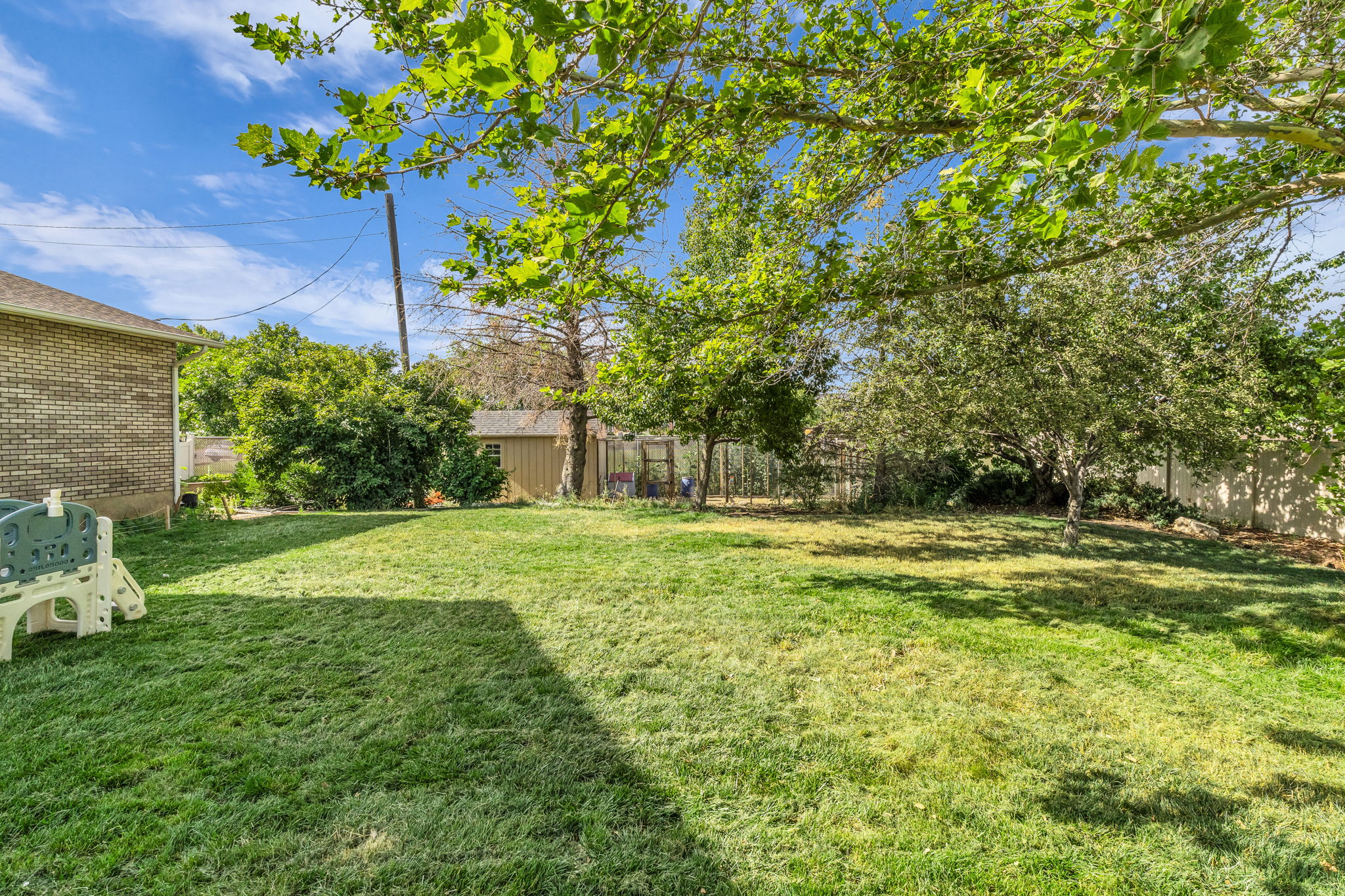 Expansive green lawn with mature shade trees, bordered by a brick exterior and a privacy fence