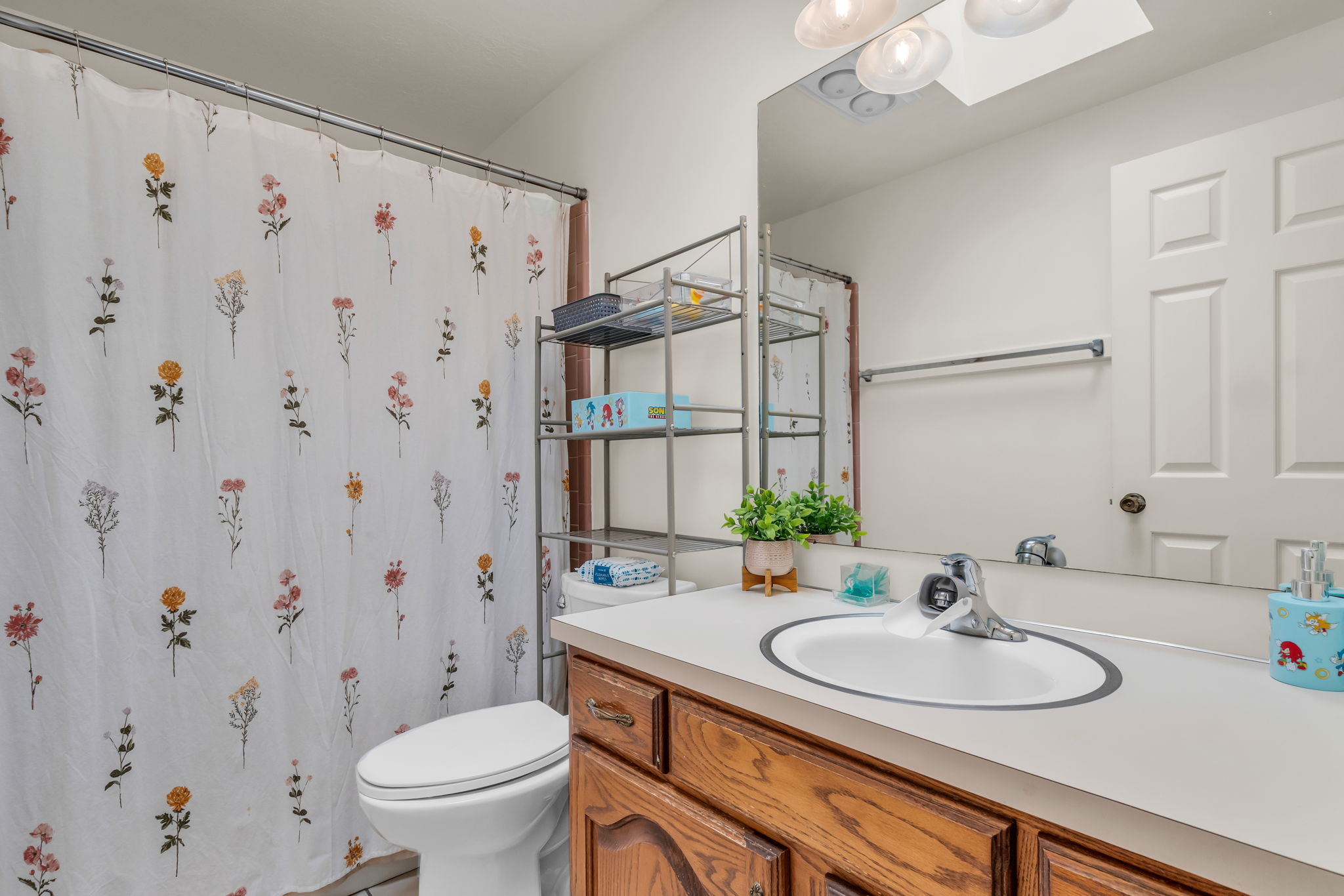 Bathroom featuring a built-in vanity with wood-finish cabinetry, a single basin sink, and a large wall-mounted mirror