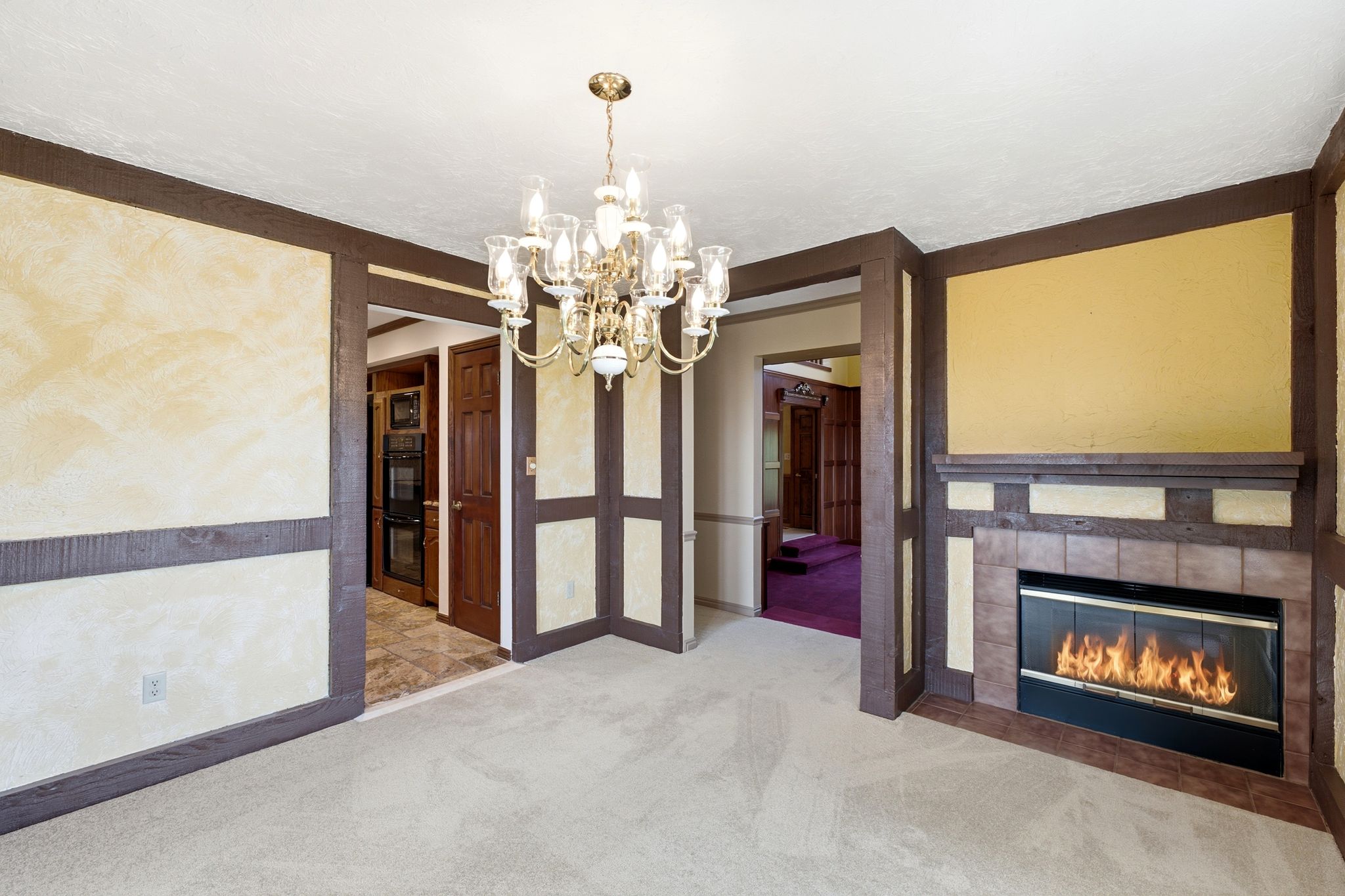 Formal dining room with fireplace