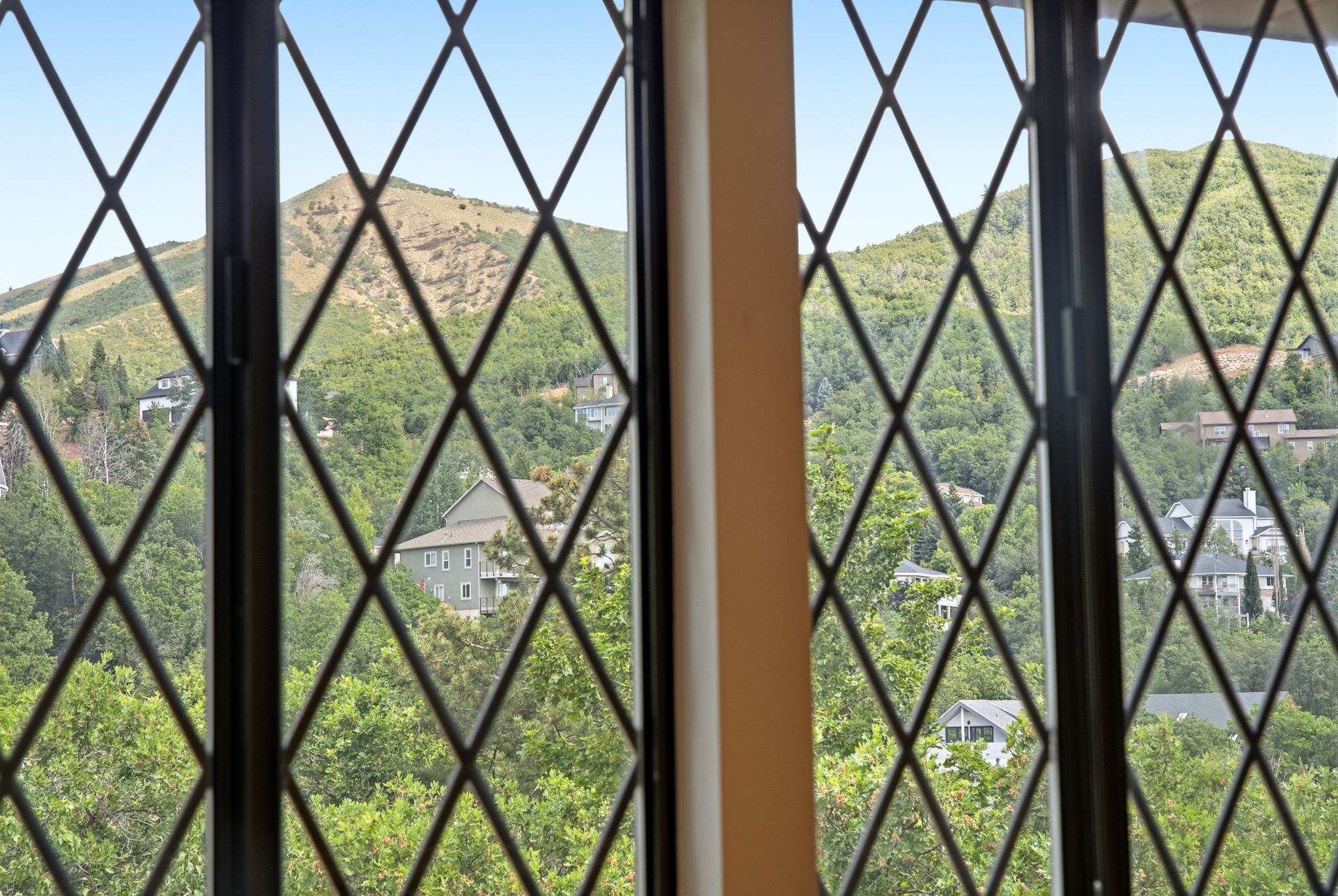 Window featuring diamond-pattern muntins, framing distant mountain views