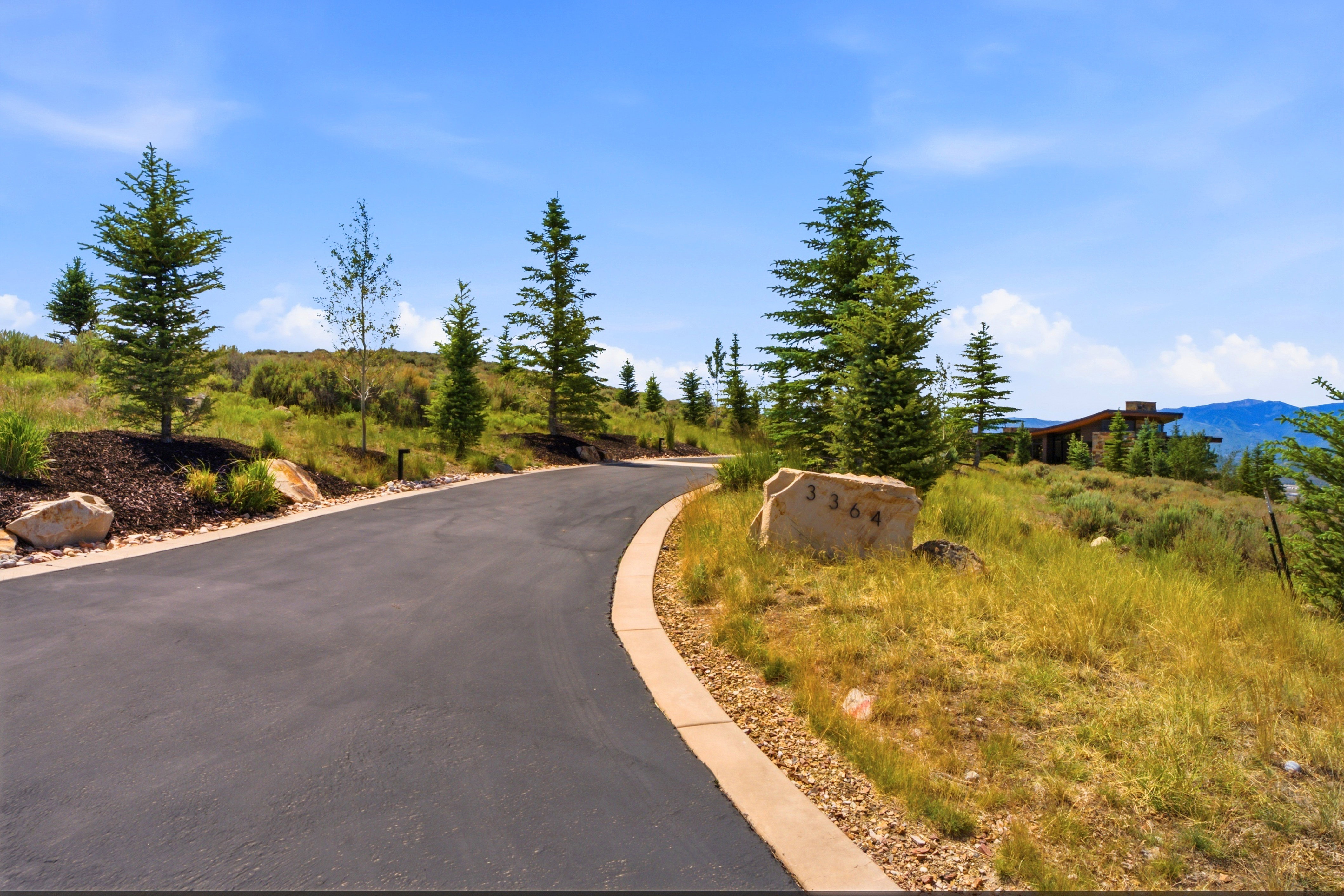Paved driveway with concrete edging, stone address marker, and mature evergreen landscaping