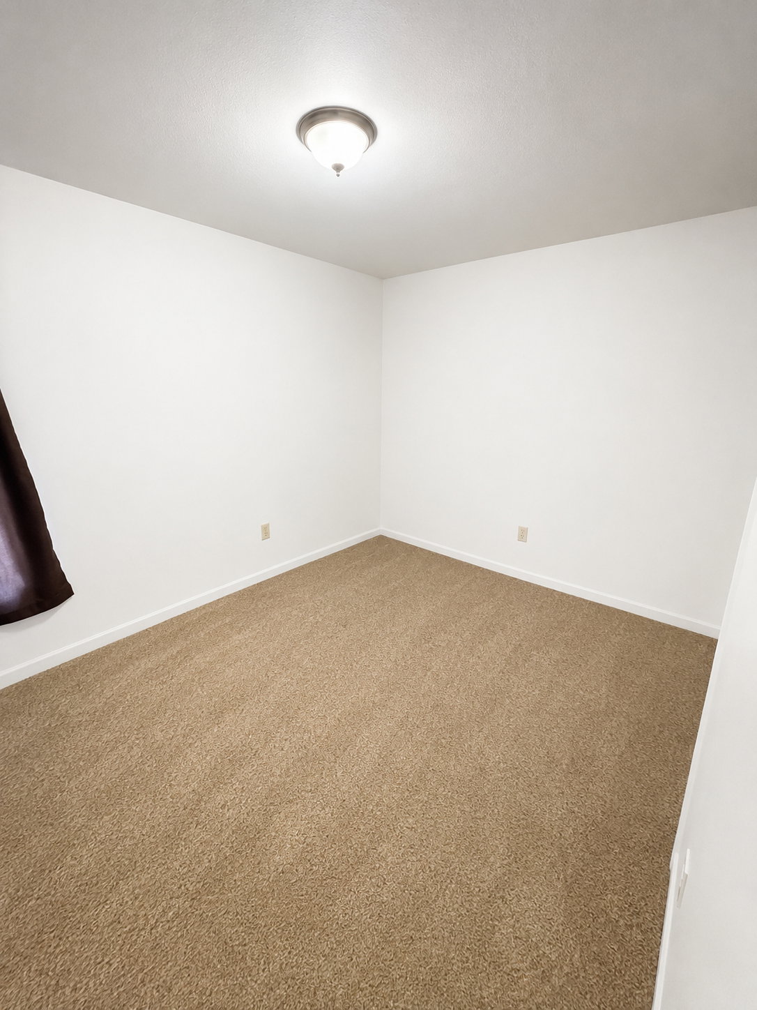Carpeted interior space featuring light-colored walls and a semi-flush ceiling light fixture