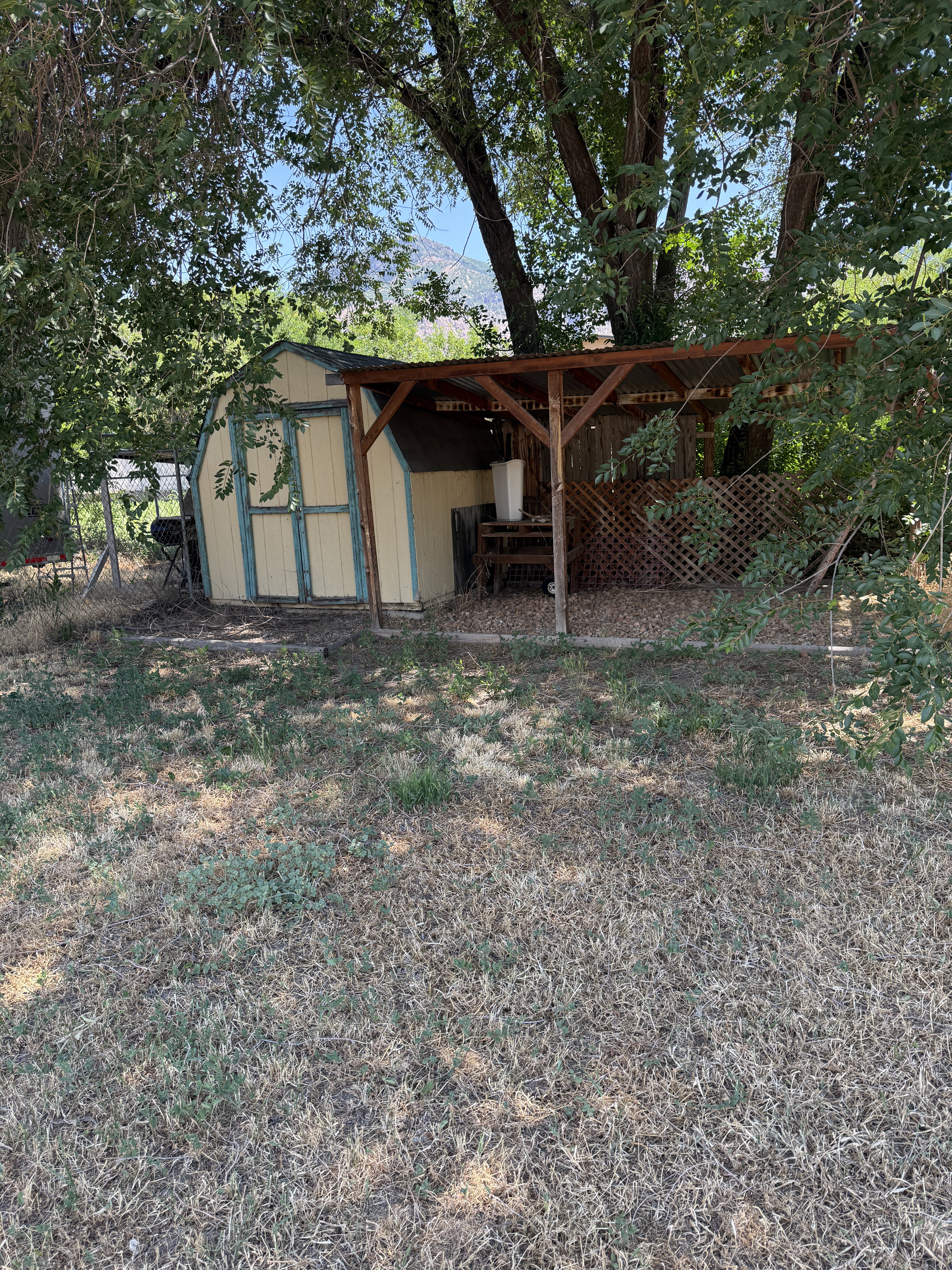 Storage shed with a barn-style roof and an attached wooden pergola featuring a lattice screen