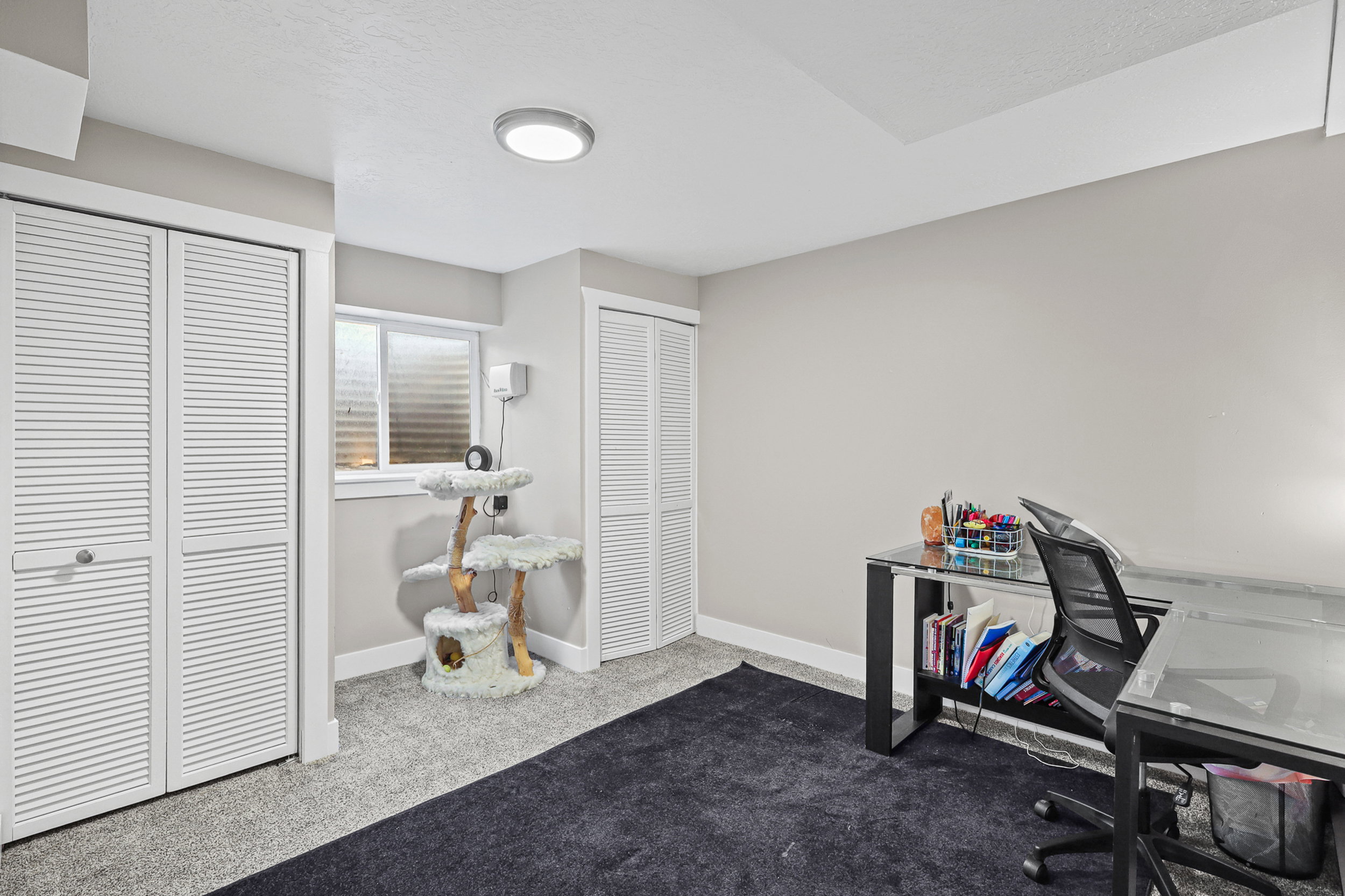 Room featuring light gray walls, gray carpet, and a flush-mount ceiling light fixture