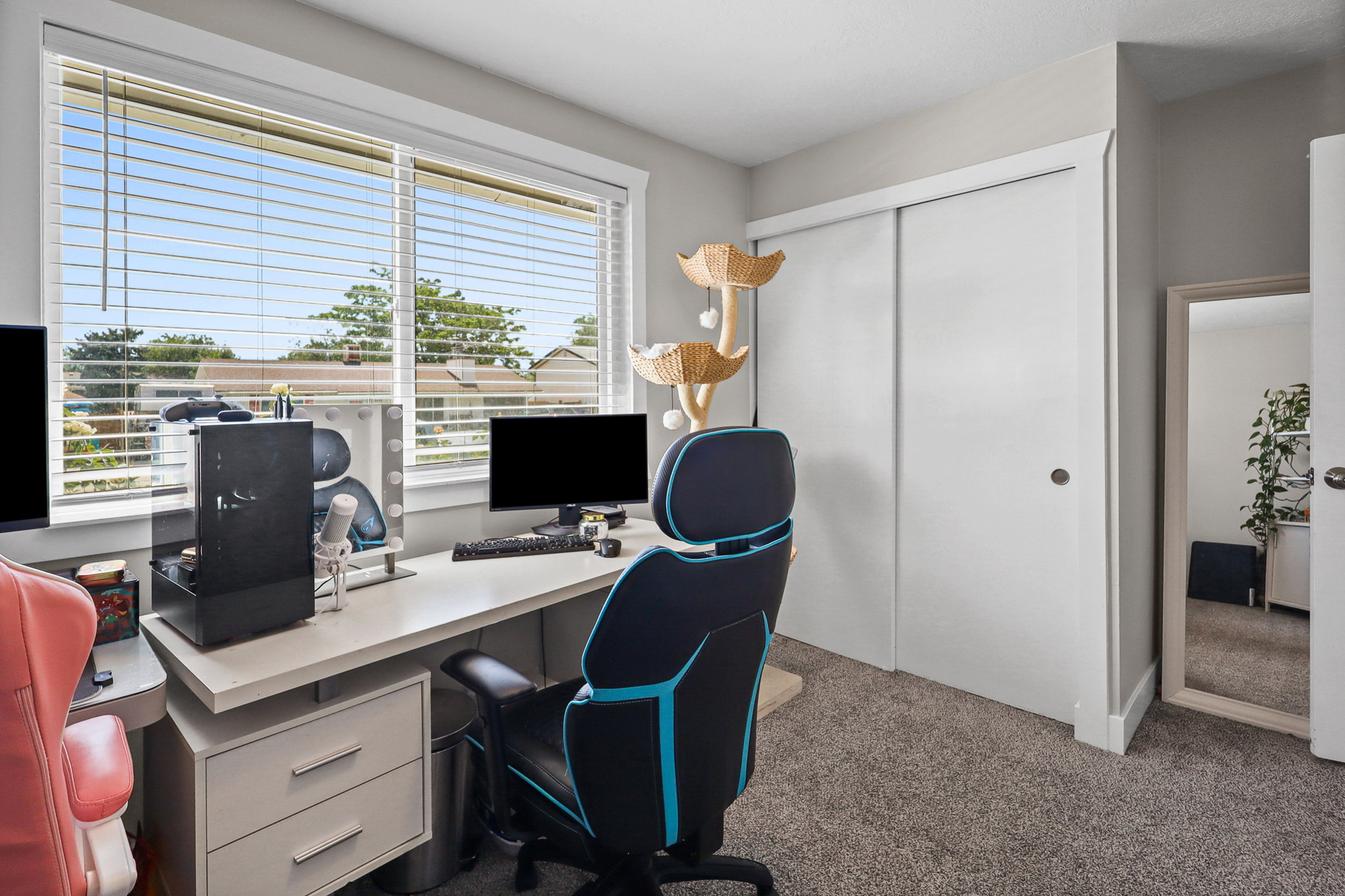 Room featuring a large window with white blinds, light gray wall paint, and gray carpet