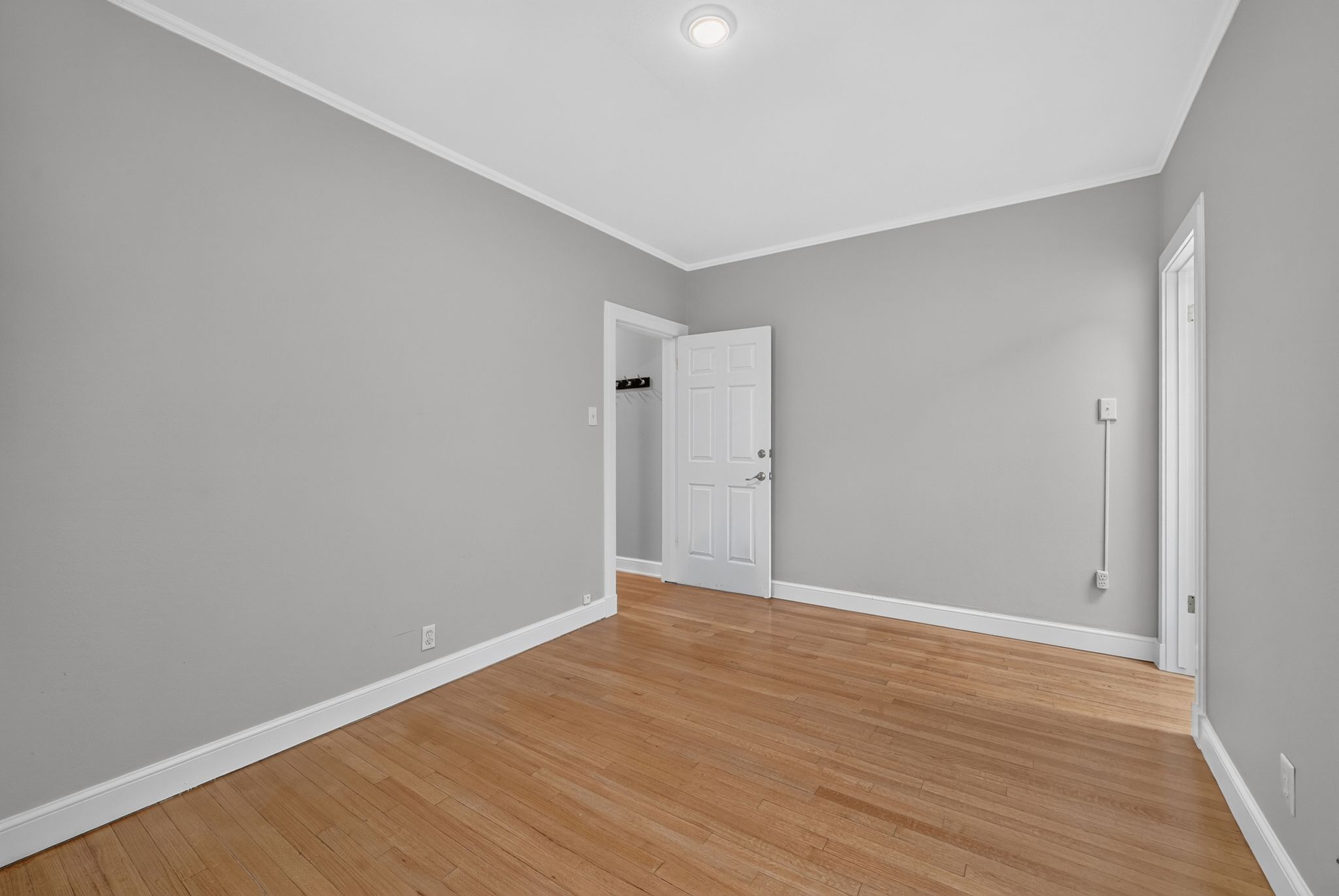 Interior space featuring wood-finish flooring, light gray walls, white trim, and a flush-mount ceiling light