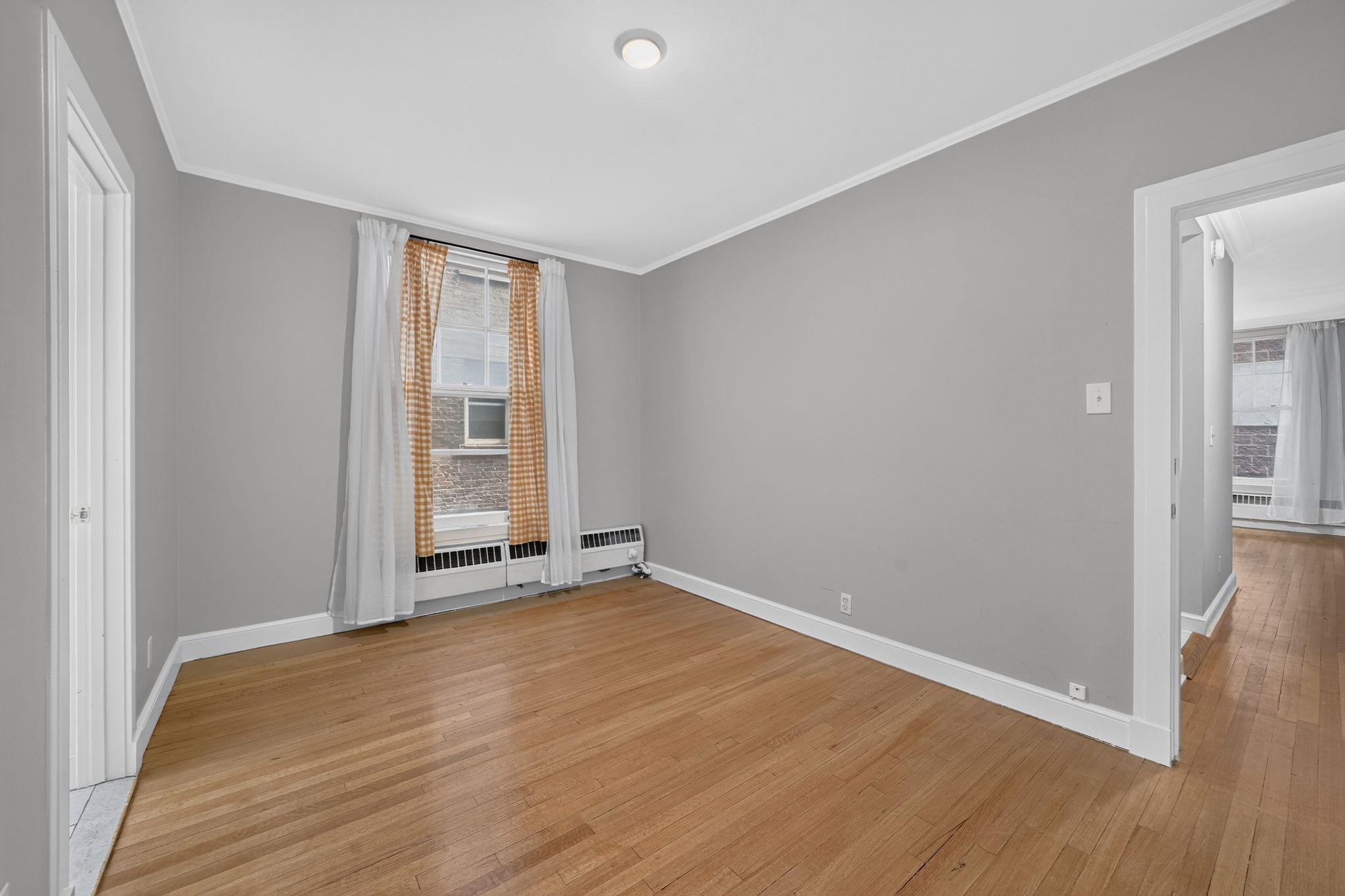 Room with wood-finish flooring, light gray wall paint, and crisp white trim