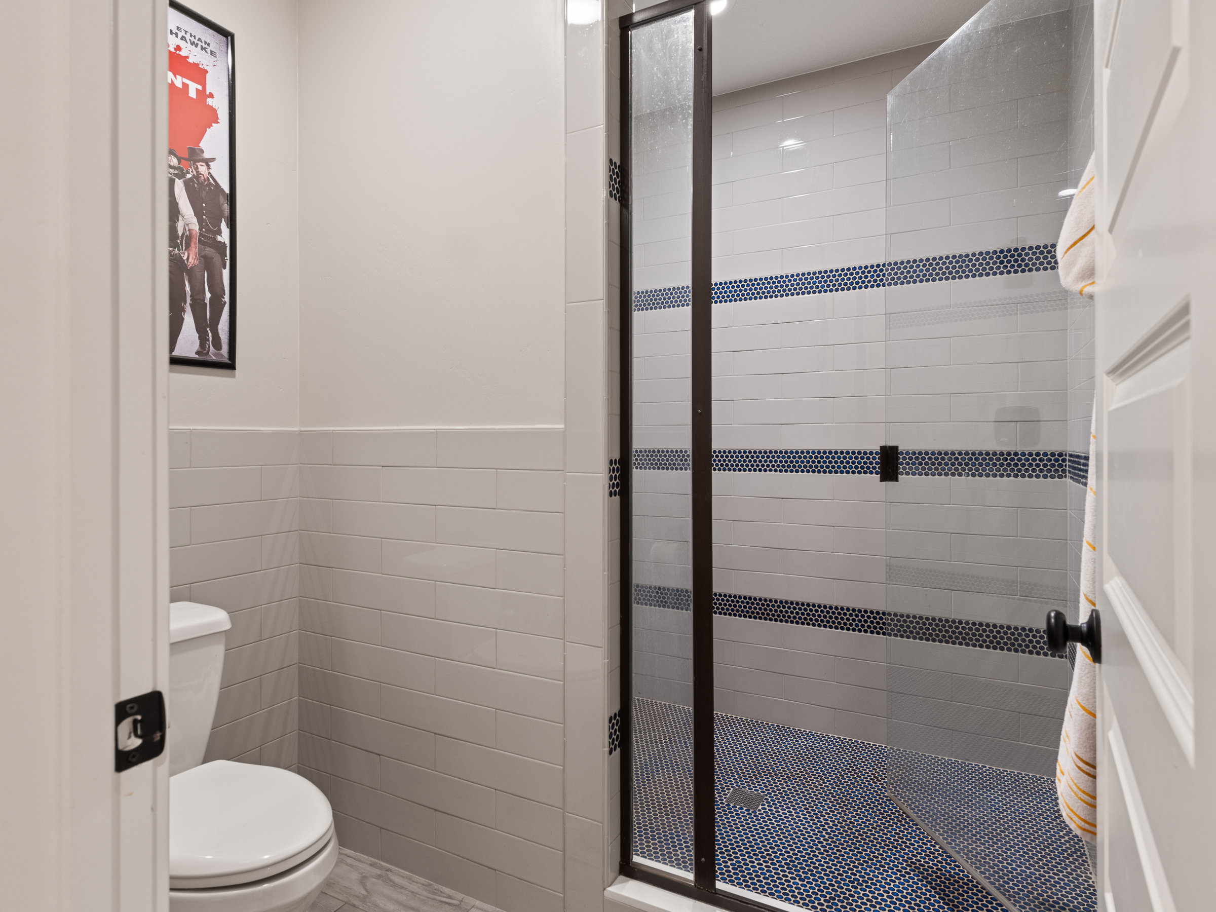 Walk-in shower with dark-framed glass enclosure