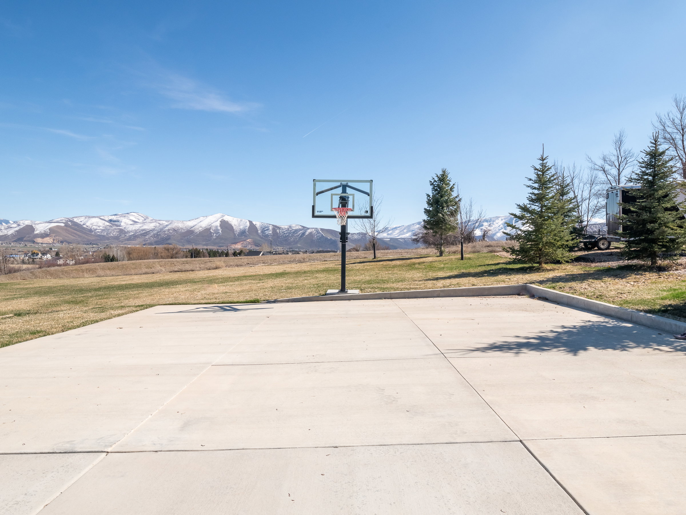 Outdoor sports court with a basketball hoop on a concrete pad, surrounded by a grassy area and mature evergreen trees