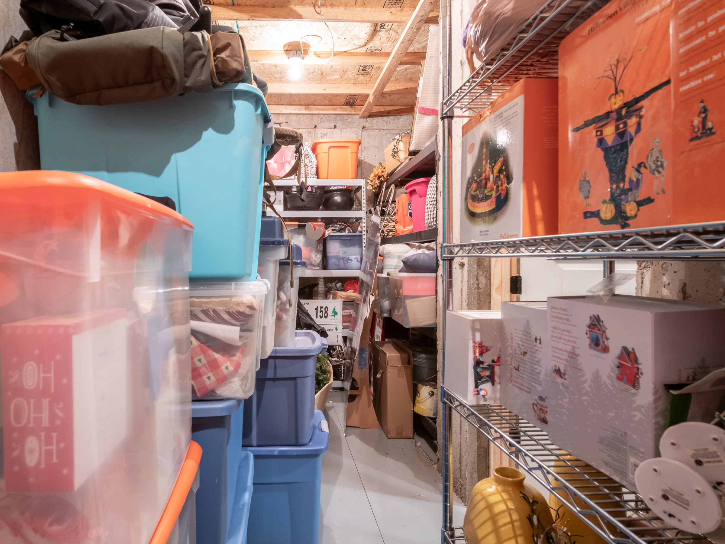 Basement storage area featuring exposed wood ceiling joists and a white painted concrete floor