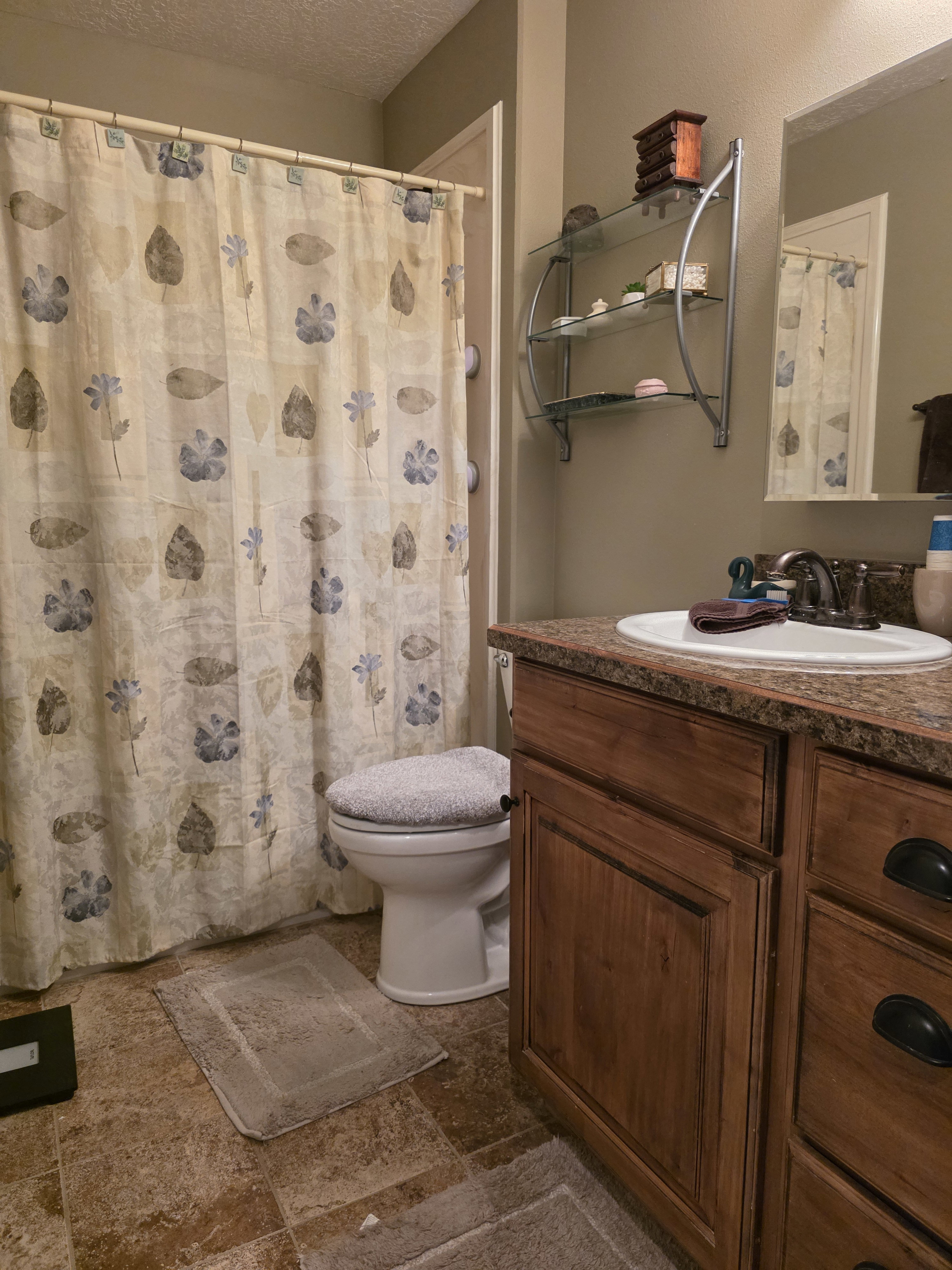 Bathroom featuring a vanity with dark wood-finish cabinetry, a white basin, and a granite-style countertop