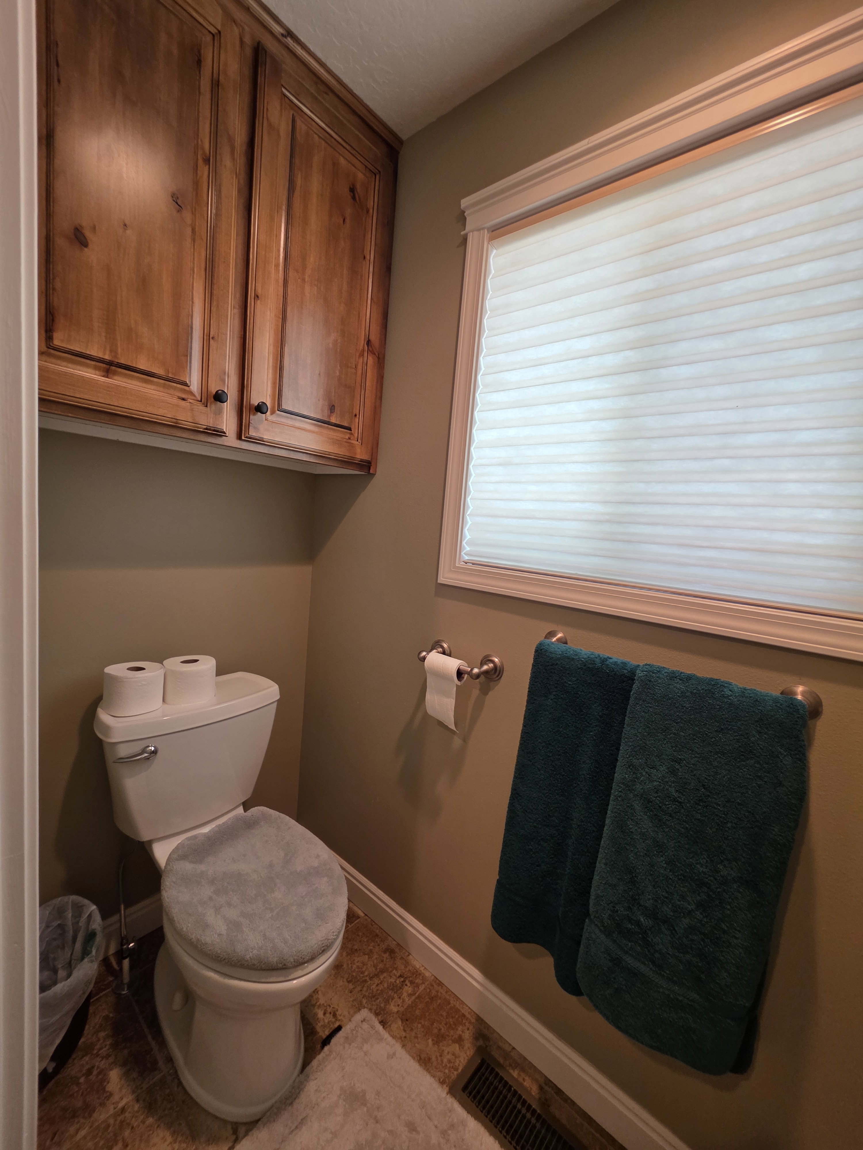 White toilet with brass hardware and wood-finish flooring