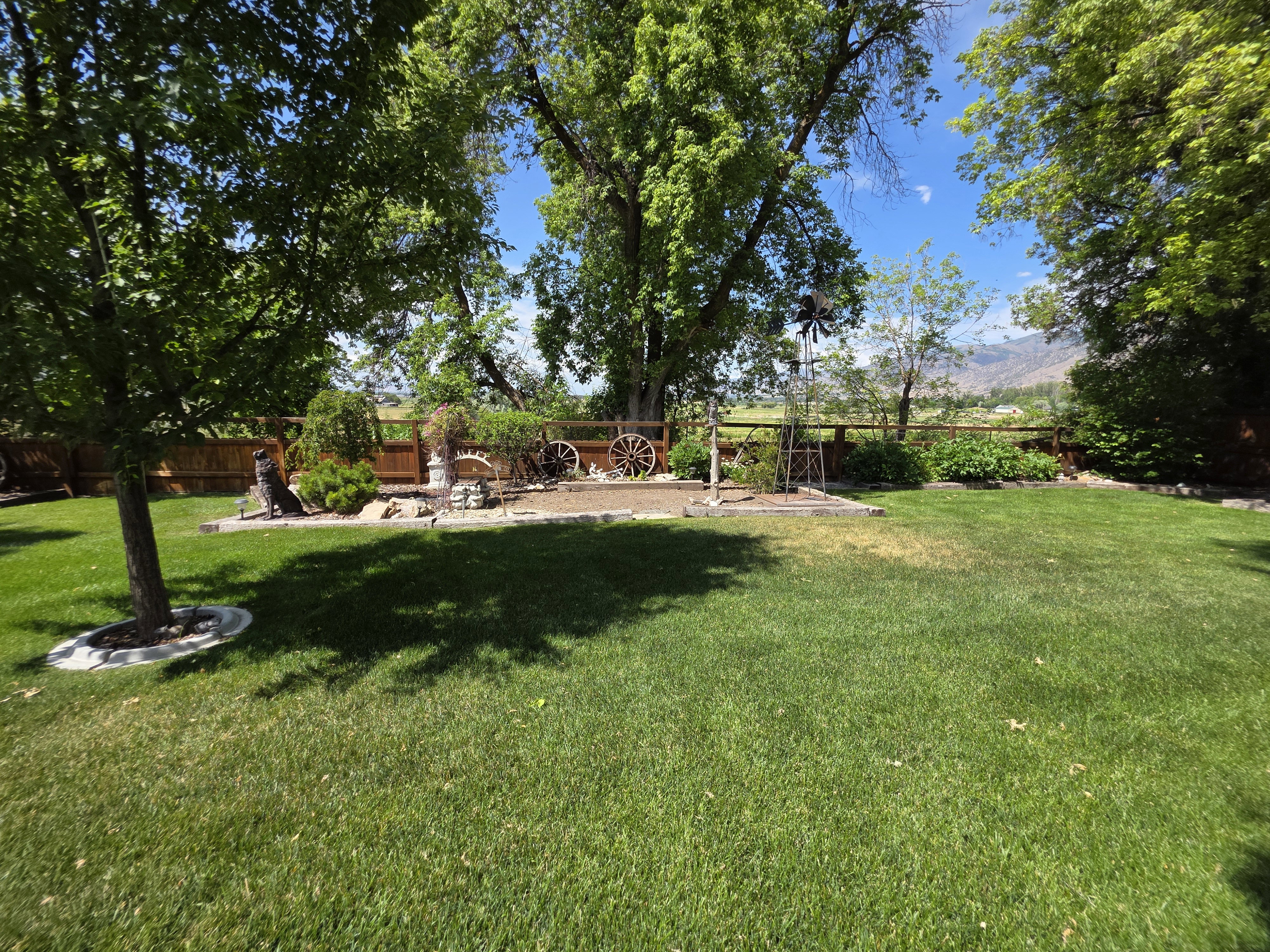 Expansive green lawn with mature shade trees and a decorative garden area