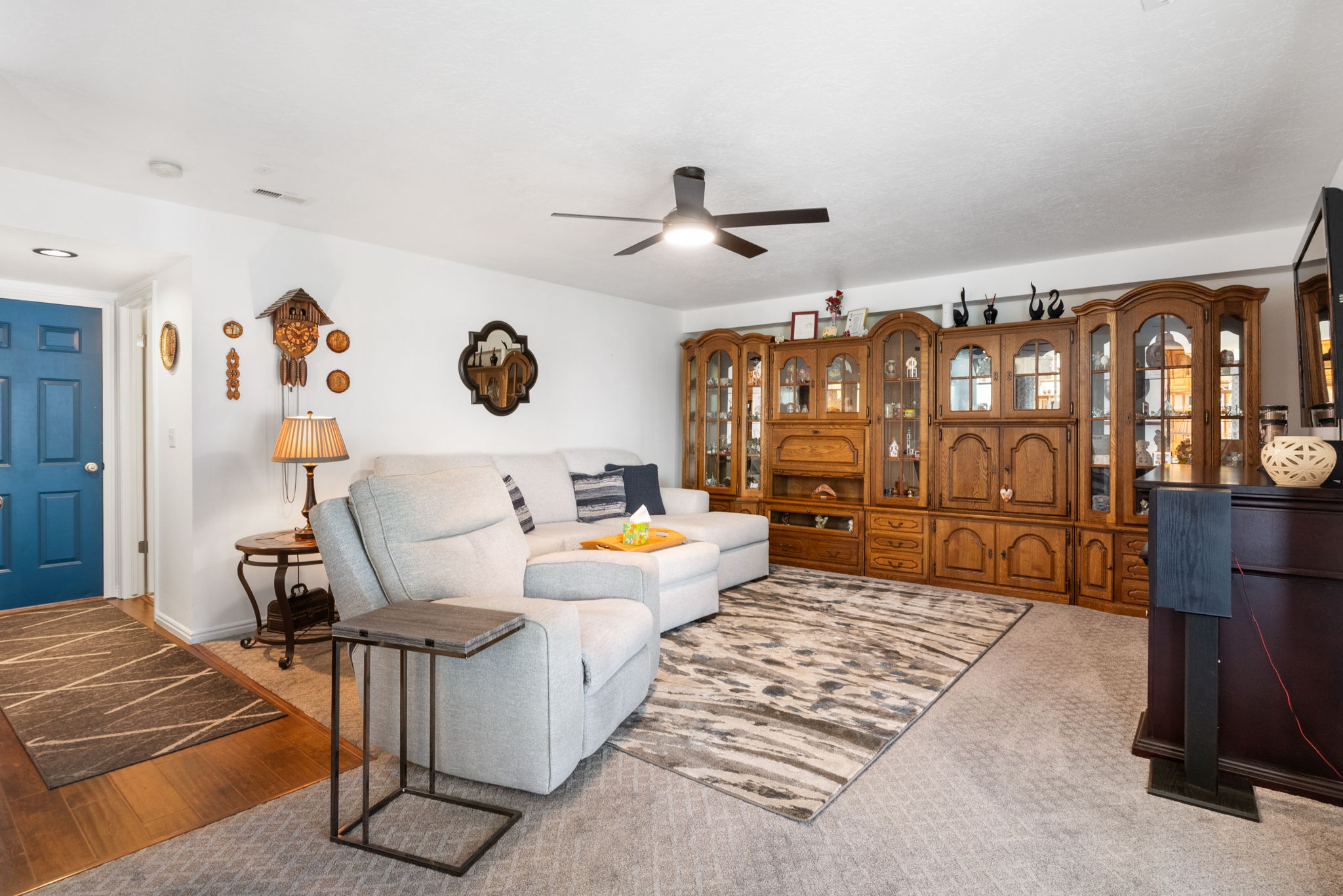 Living area featuring a ceiling fan, wall-to-wall carpeting, and wood-finish flooring at the entry