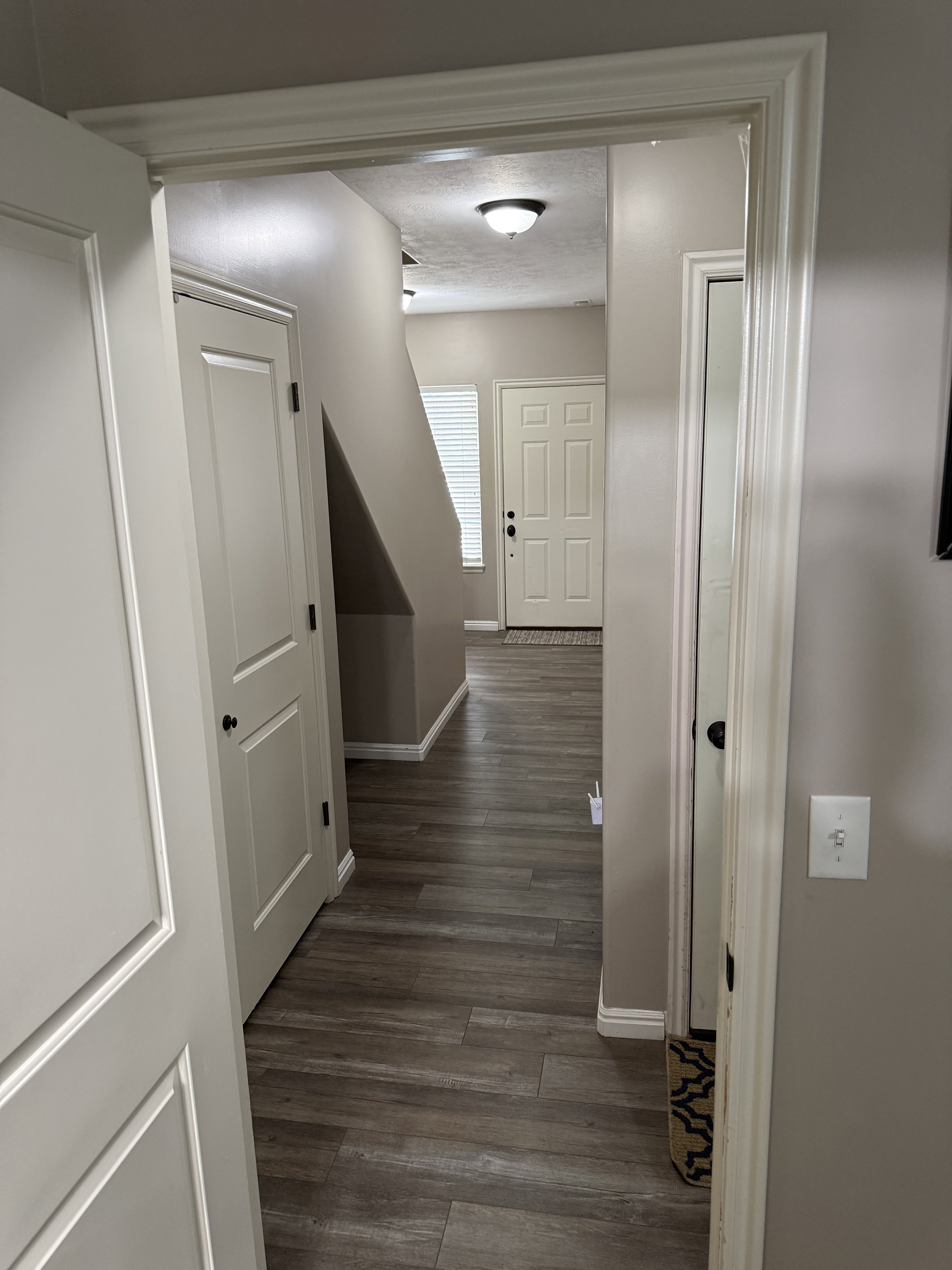 Foyer with wood-finish flooring extending throughout, neutral wall paint, white trim, and a contemporary ceiling light fixture