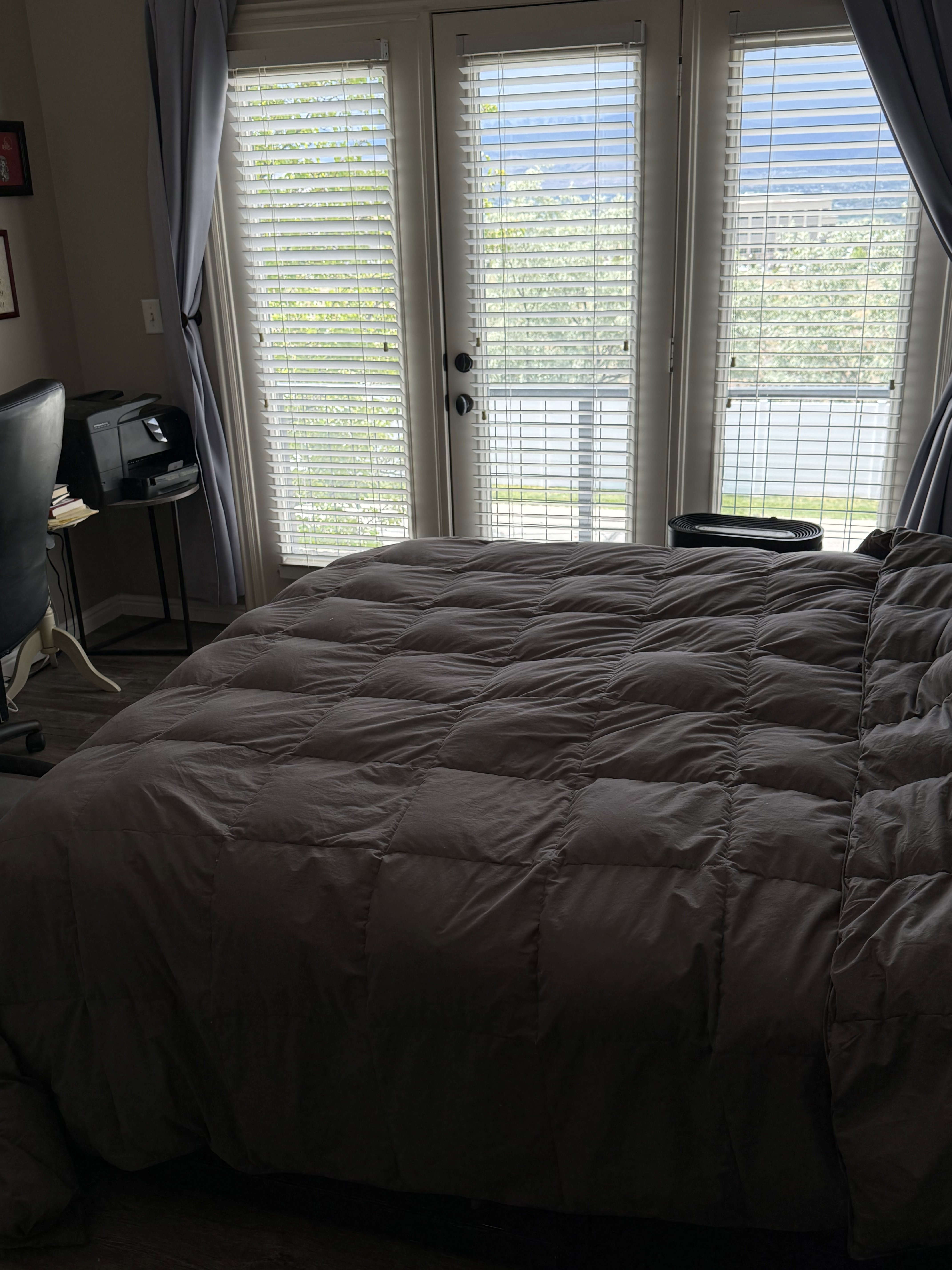Room featuring three floor-to-ceiling windows with blinds, a glass-paneled door, and dark wood-finish flooring