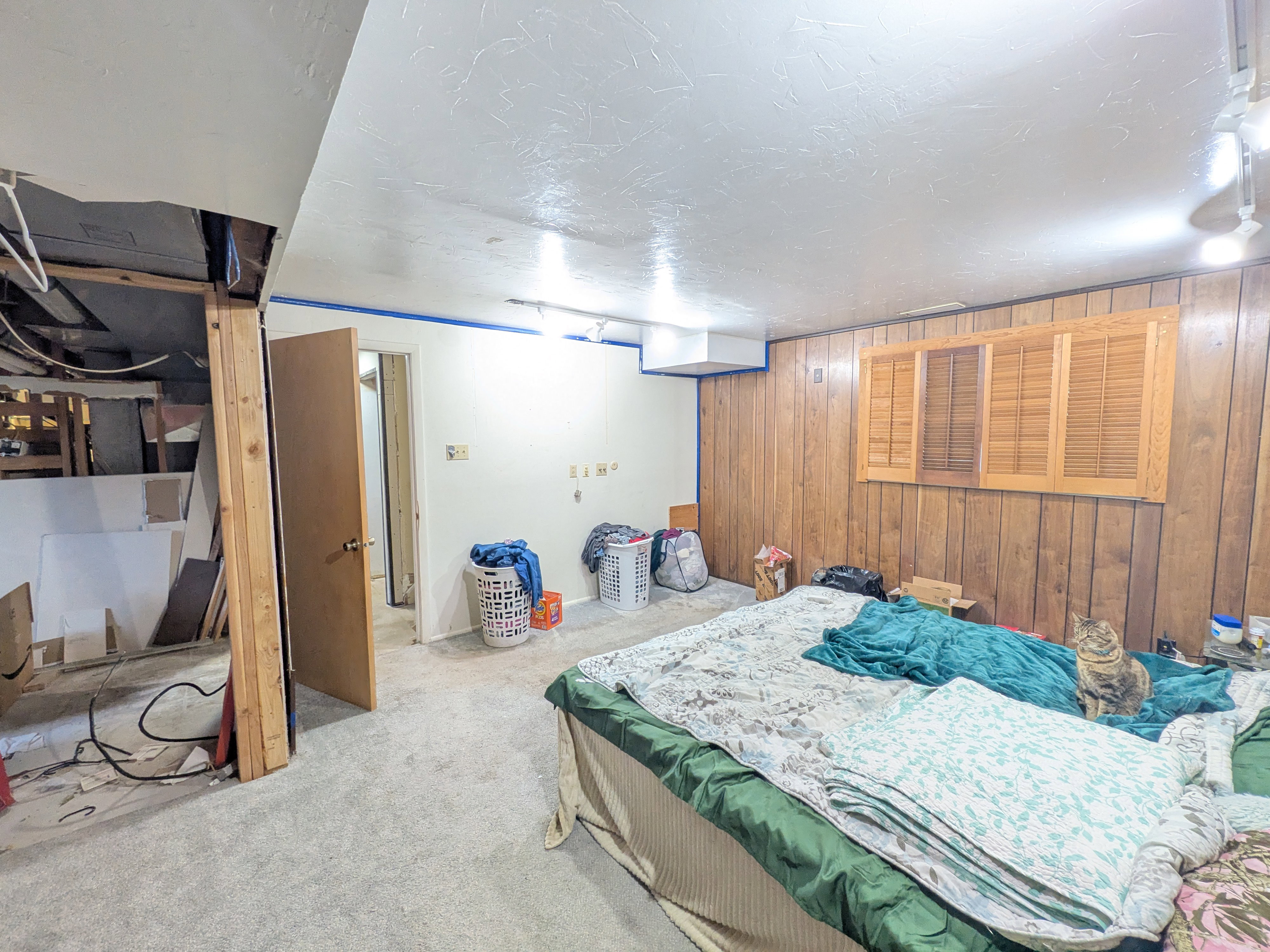 Carpeted room featuring a wood-paneled accent wall with shuttered windows and recessed lighting