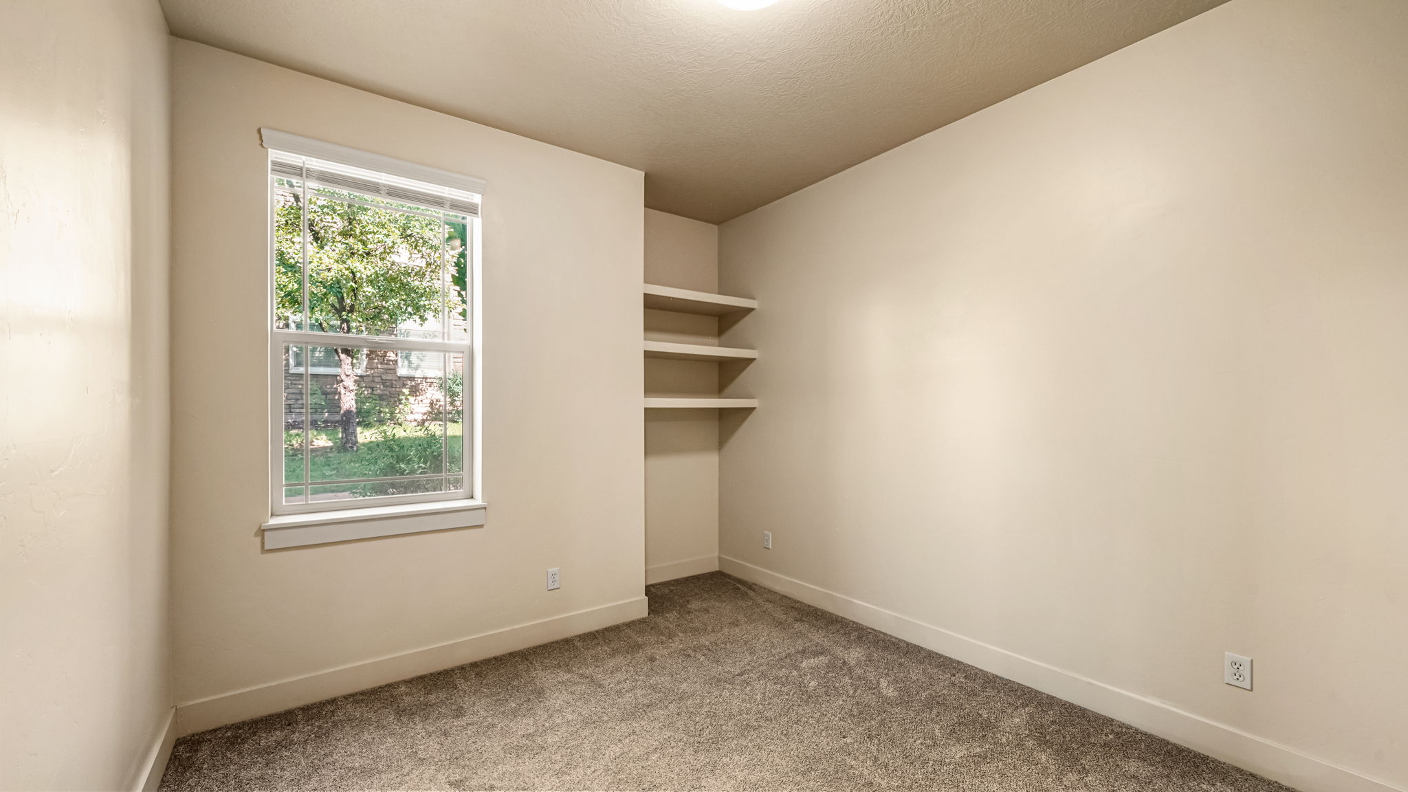 Bright room with neutral wall color, built-in shelving, a single window, and carpet flooring