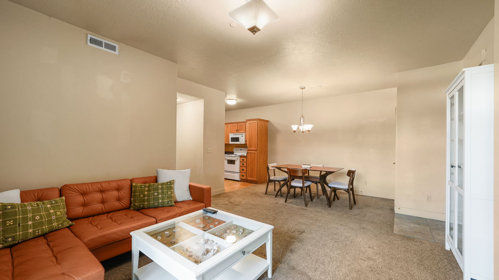 Open-concept living space featuring neutral paint, soft carpet flooring, and an overhead light fixture