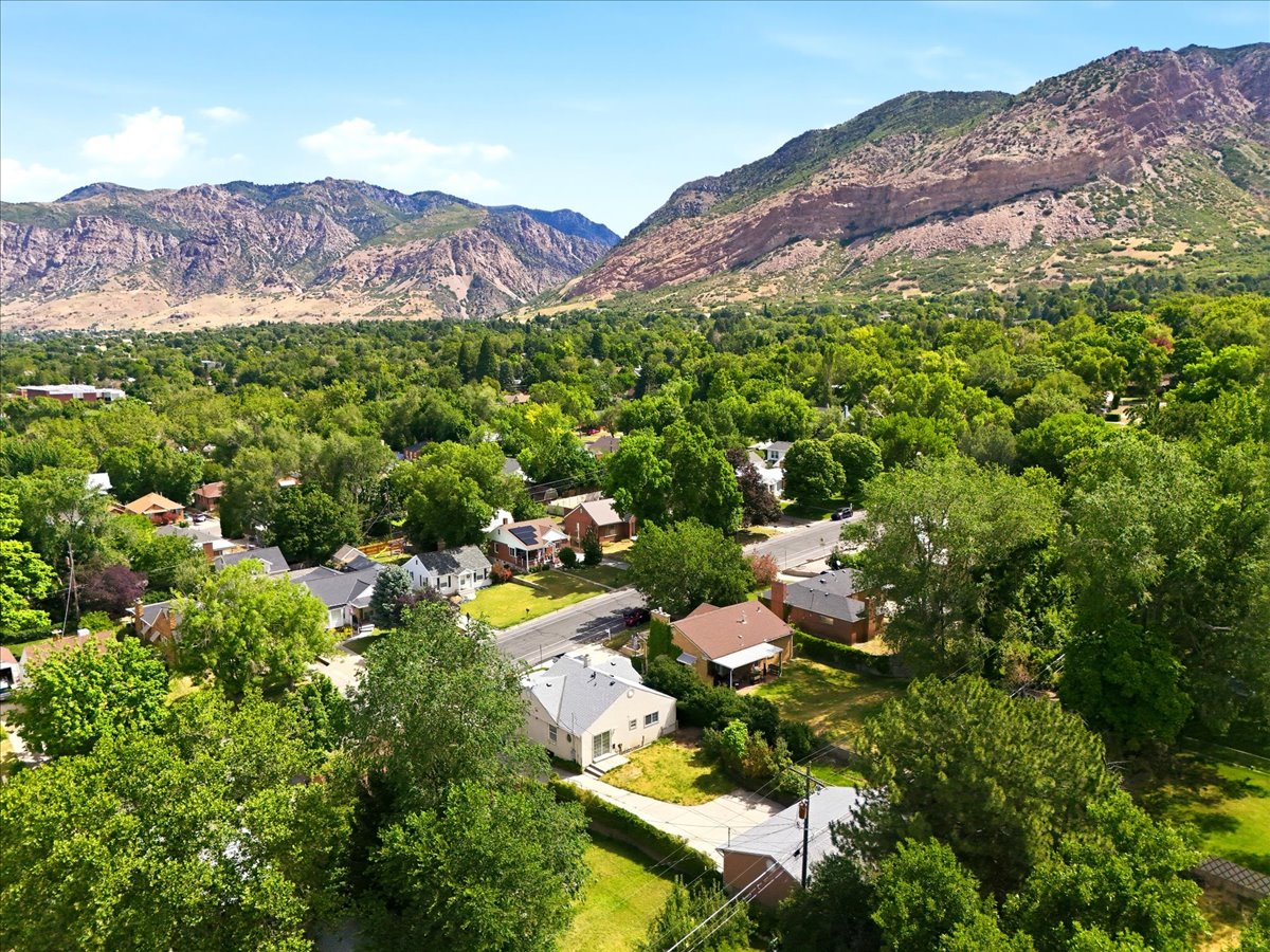 Aerial perspective showcasing a residential neighborhood with abundant mature trees and mountainous terrain