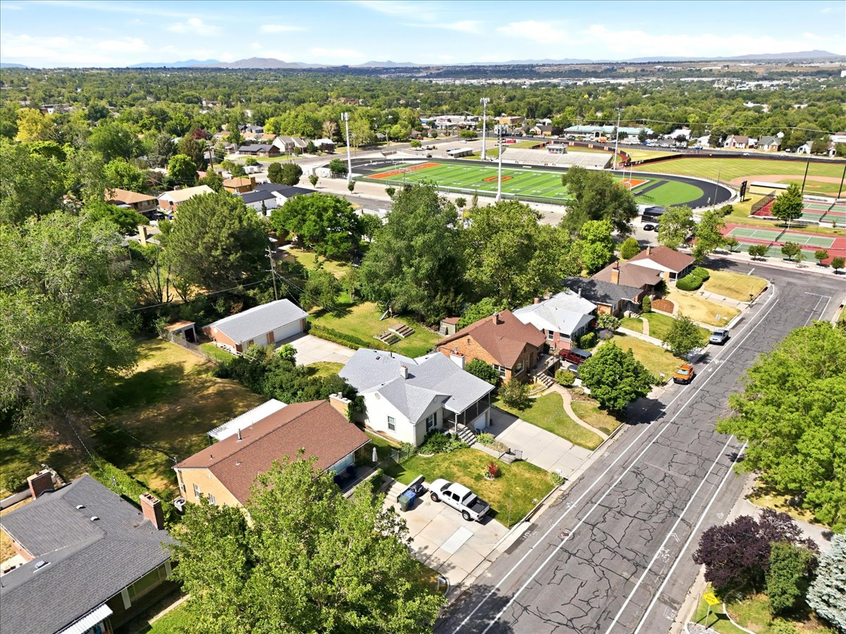 Residential street with mature trees and established homes