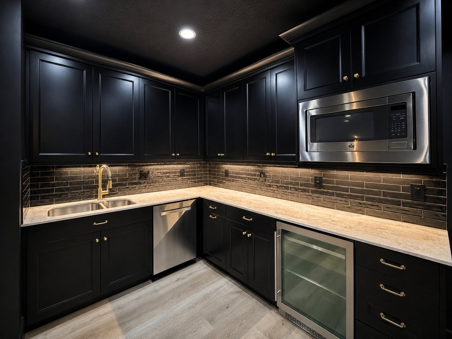Half kitchen in the theater room with dishwasher, beverage refer, microwave, black shaker style cabs with black subway tile backsplash