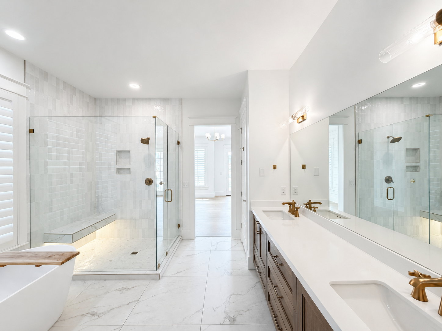 Primary bathroom with large shower and double vanity