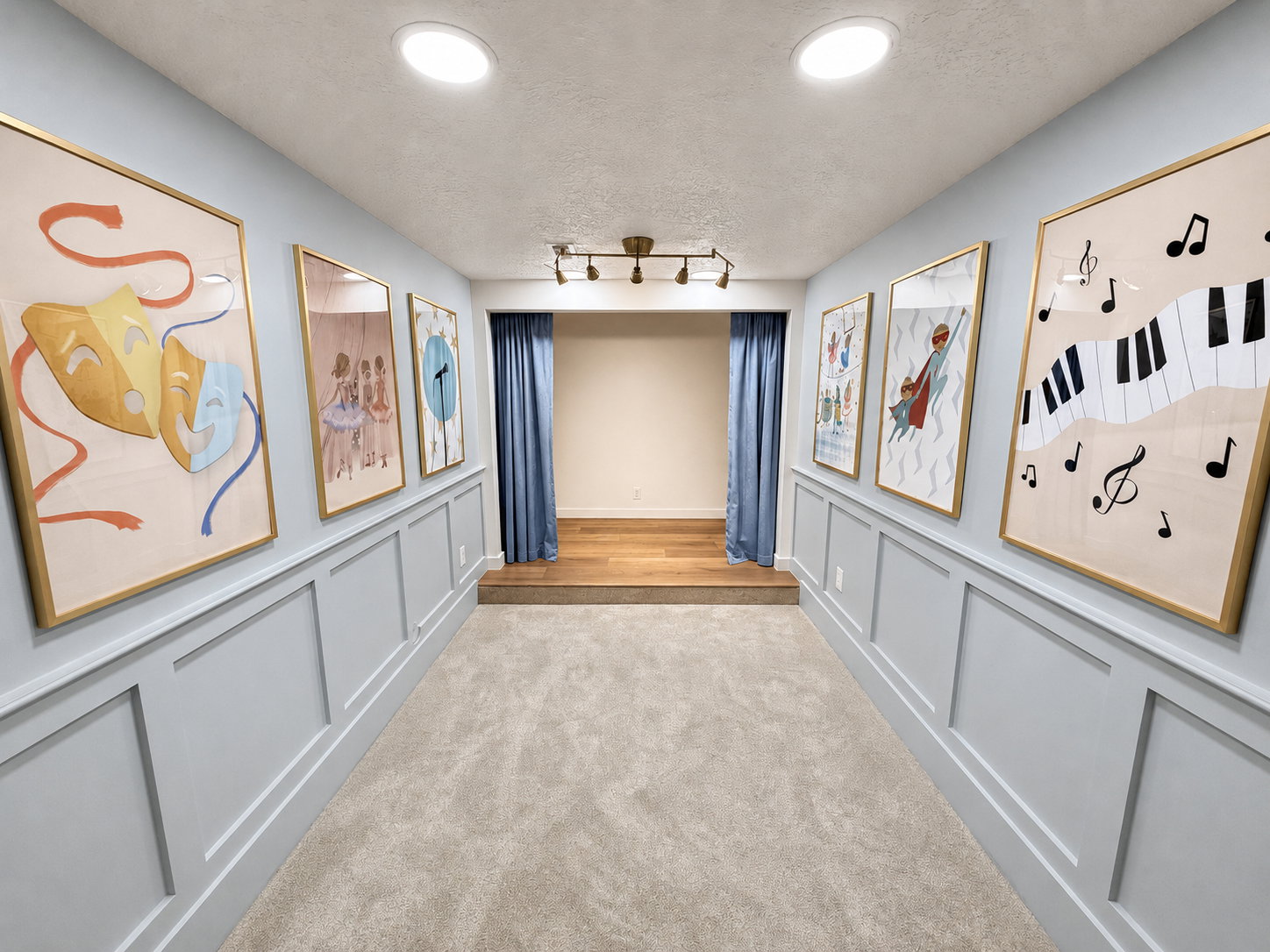 Stage room, featuring a raised wood flooring stage and privacy curtains