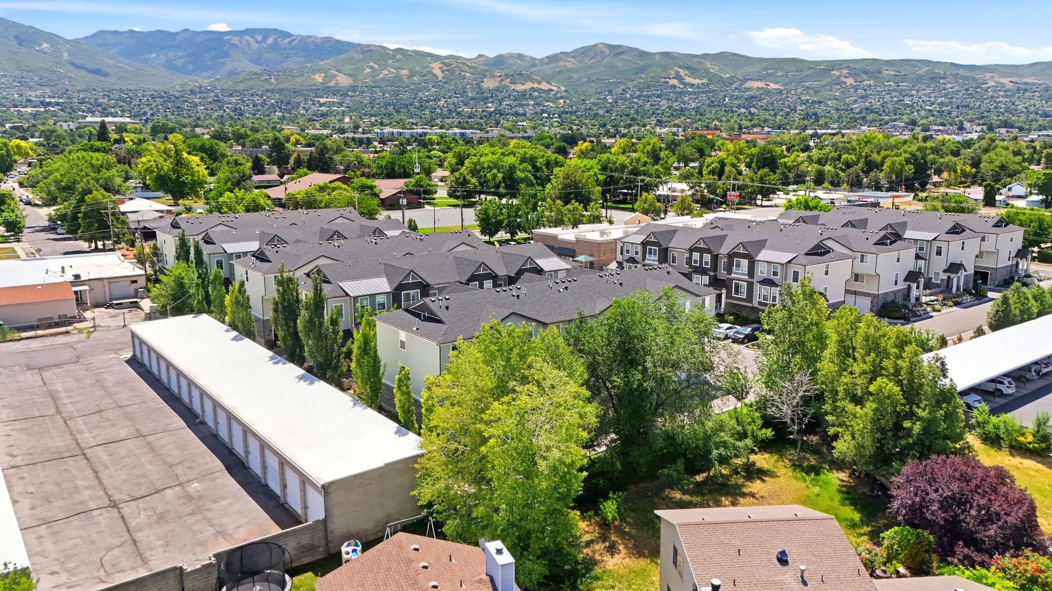 Modern townhome community featuring multi-story units with dark pitched roofs, light-colored facades, and prominent bay windows