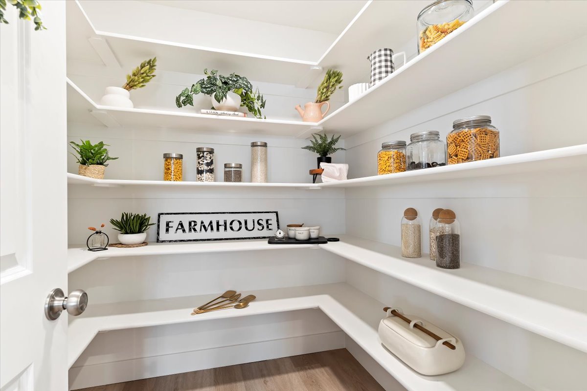 Walk-in pantry featuring extensive white shelving