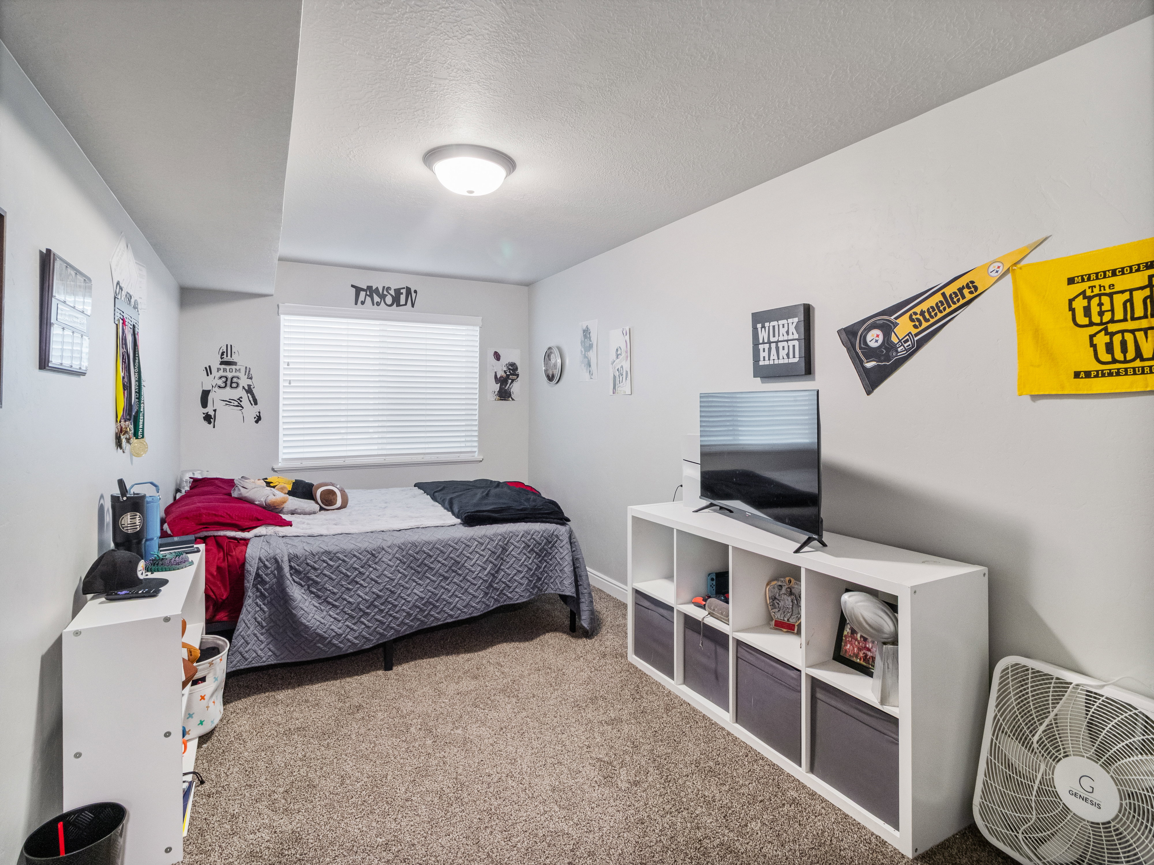 Recessed window with blinds, overhead flush-mount lighting, and neutral carpeting