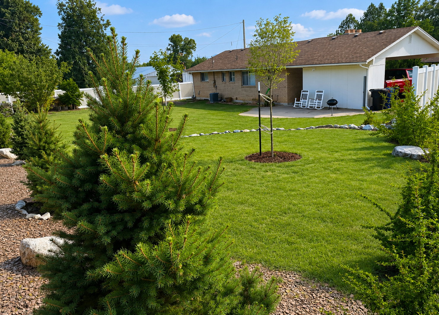Expansive green lawn with established landscaping, including evergreen shrubs and a young tree